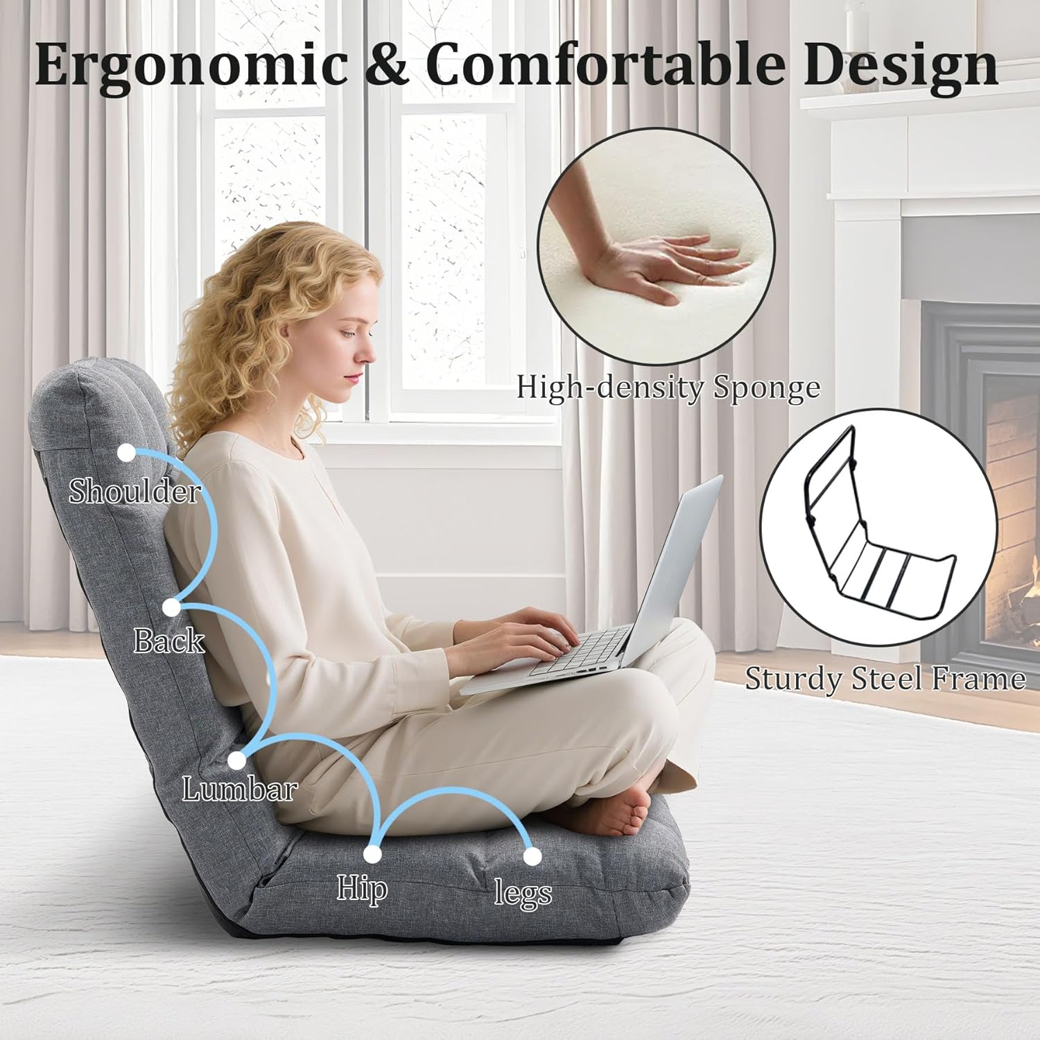 Folding Floor Chair with Back Support, 14 Adjustable Positions, Breathable Padded Sleeper Bed, Couch Recliner, Gaming Sofa Chair for Adults & Kids, Perfect for Meditating, Reading, Living Room (Grey)