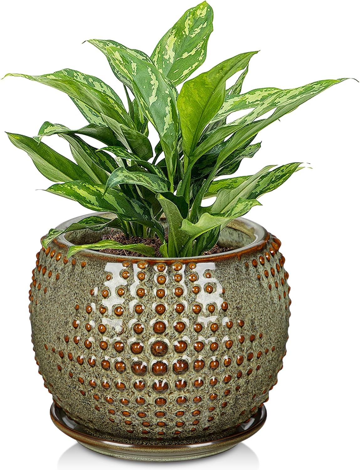 Oairse Ceramic Pot for Indoor Plants, 7 inch Plant Pot with Drainage Hole and Saucer Decorative Brown Planter with Saucer Indoor Outdoor Flower Pots for Succulent Snake Plant Pothos Orchid