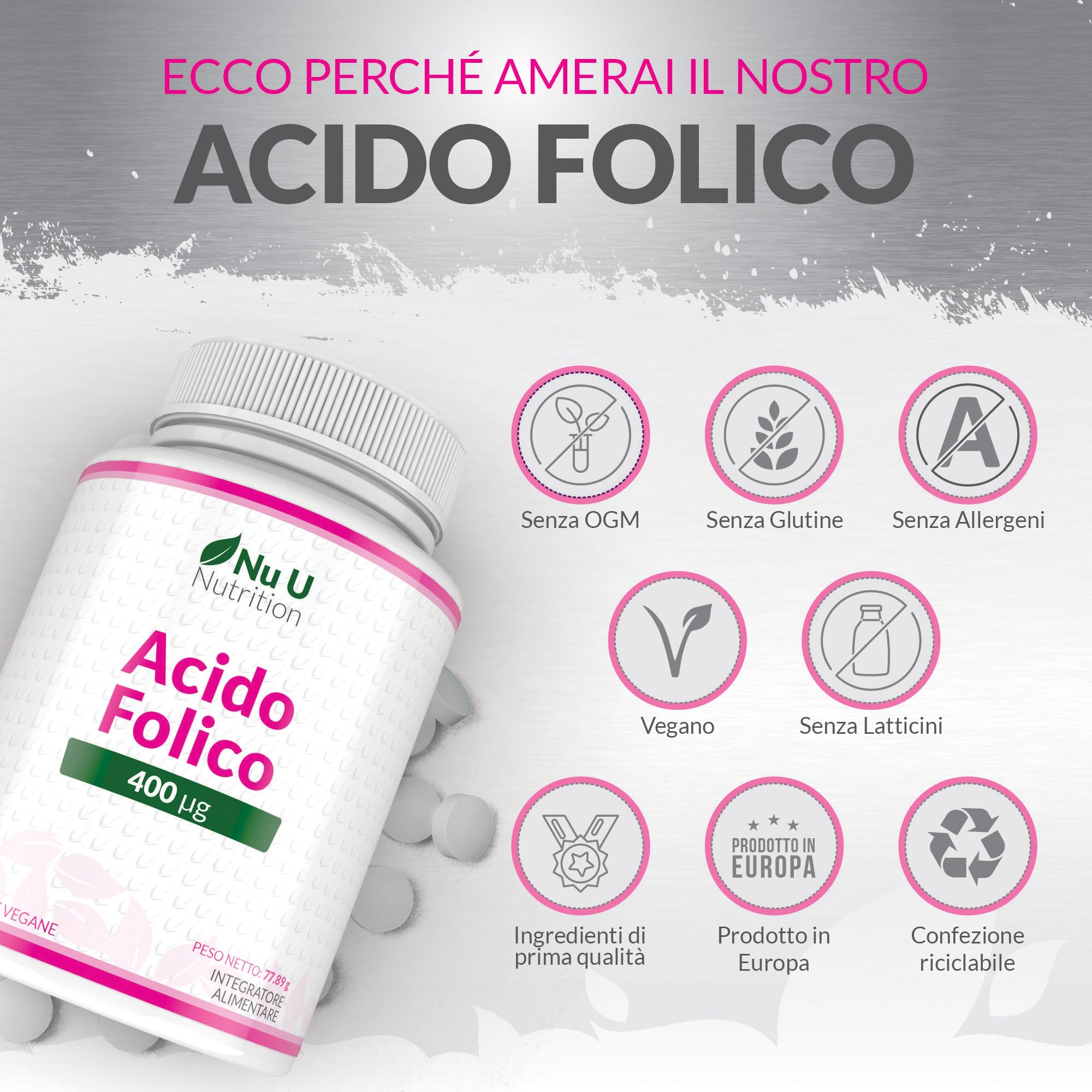 Acido Folico 400 µg - 450 Micro Compresse Vegane - Scorta 15 Mesi - Vitamina B9 Folato per Donne in Gravidanza - Integratore Prenatale - Prodotto in Europa - Nu U Nutrition