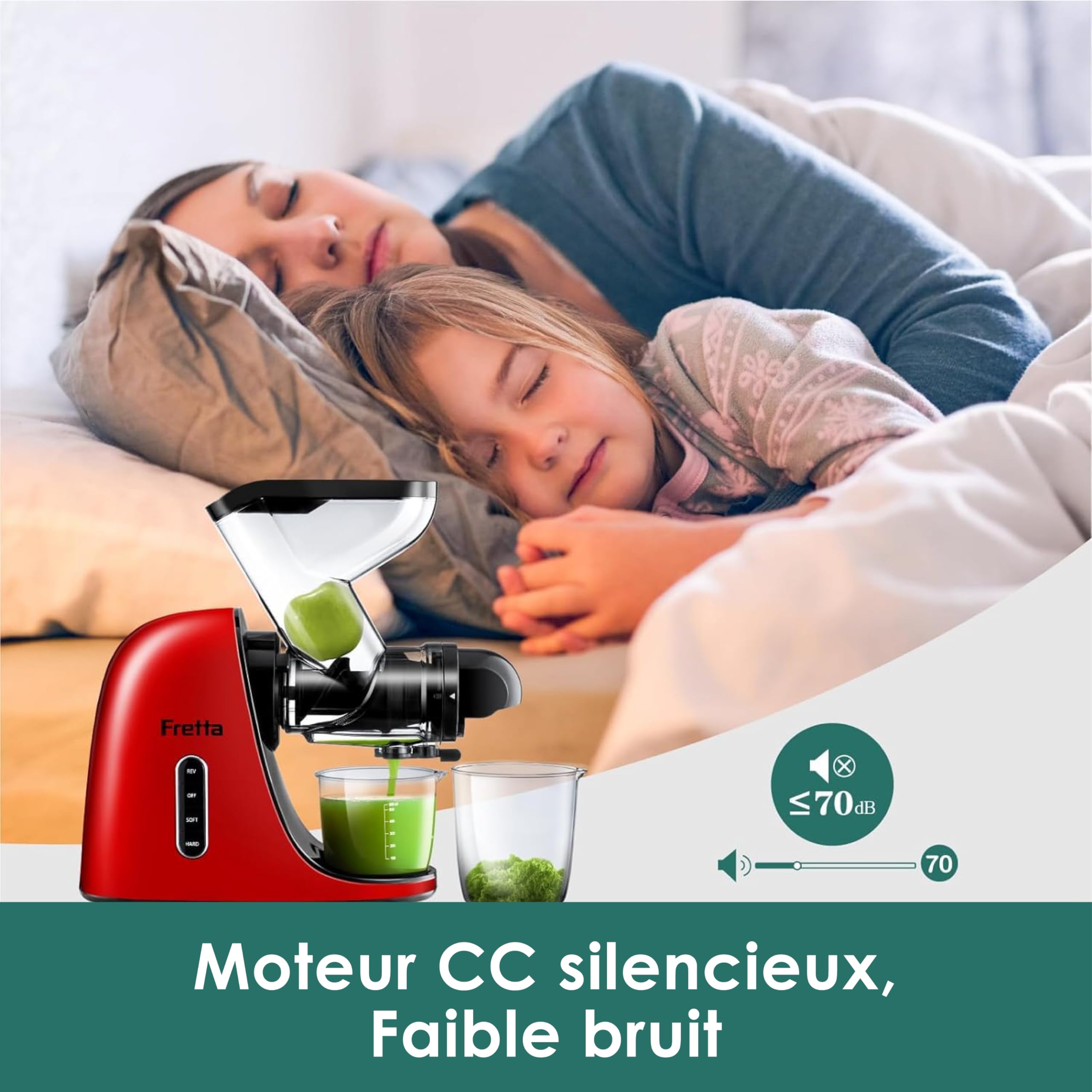 Fretta Extracteur de Jus à Pression à Froid, Goulotte 76 mm, Presse-agrumes sans BPA, Rouge