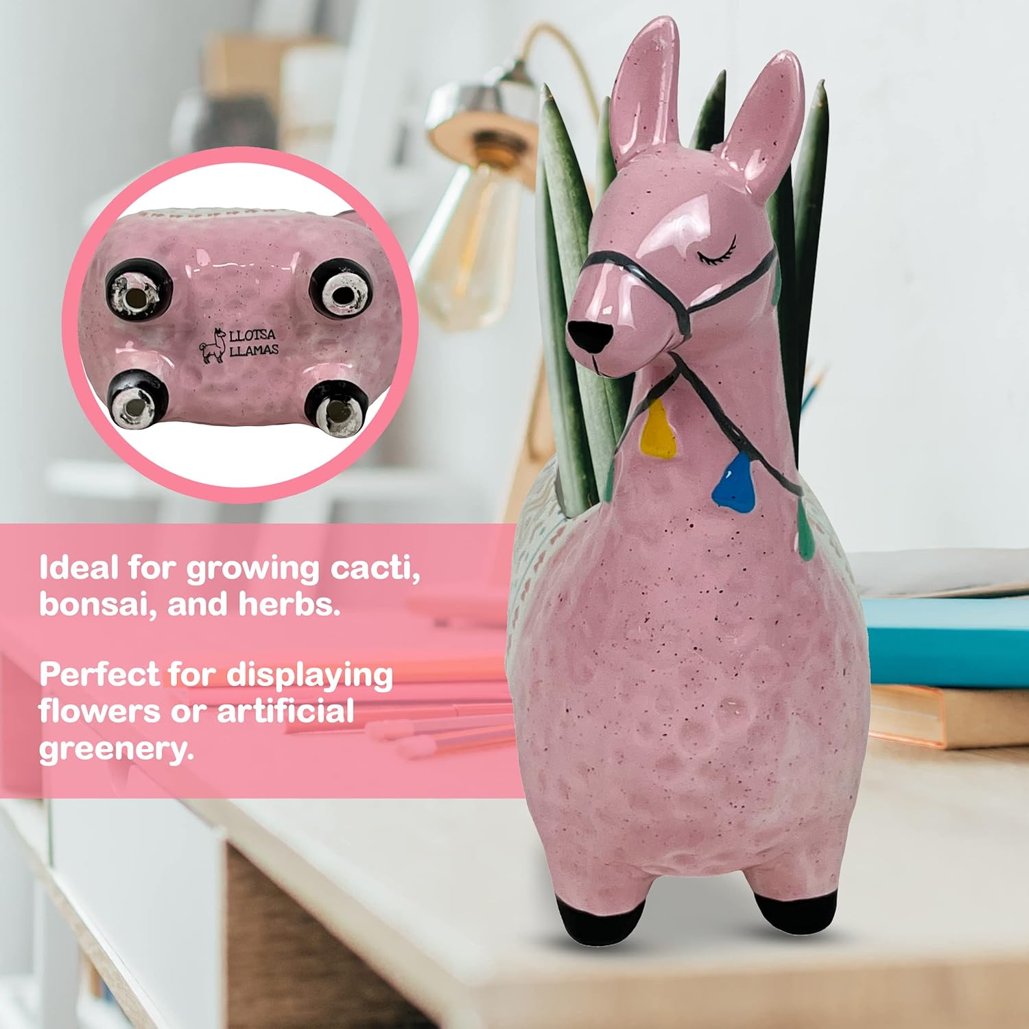 Ceramic Llama Planter for Succulent Plants Cute Alpaca Decor for Home, Office 8 1/2 Tall with Drain Holes Perfect for Cactus or Small House Plant Decoration (Pink)