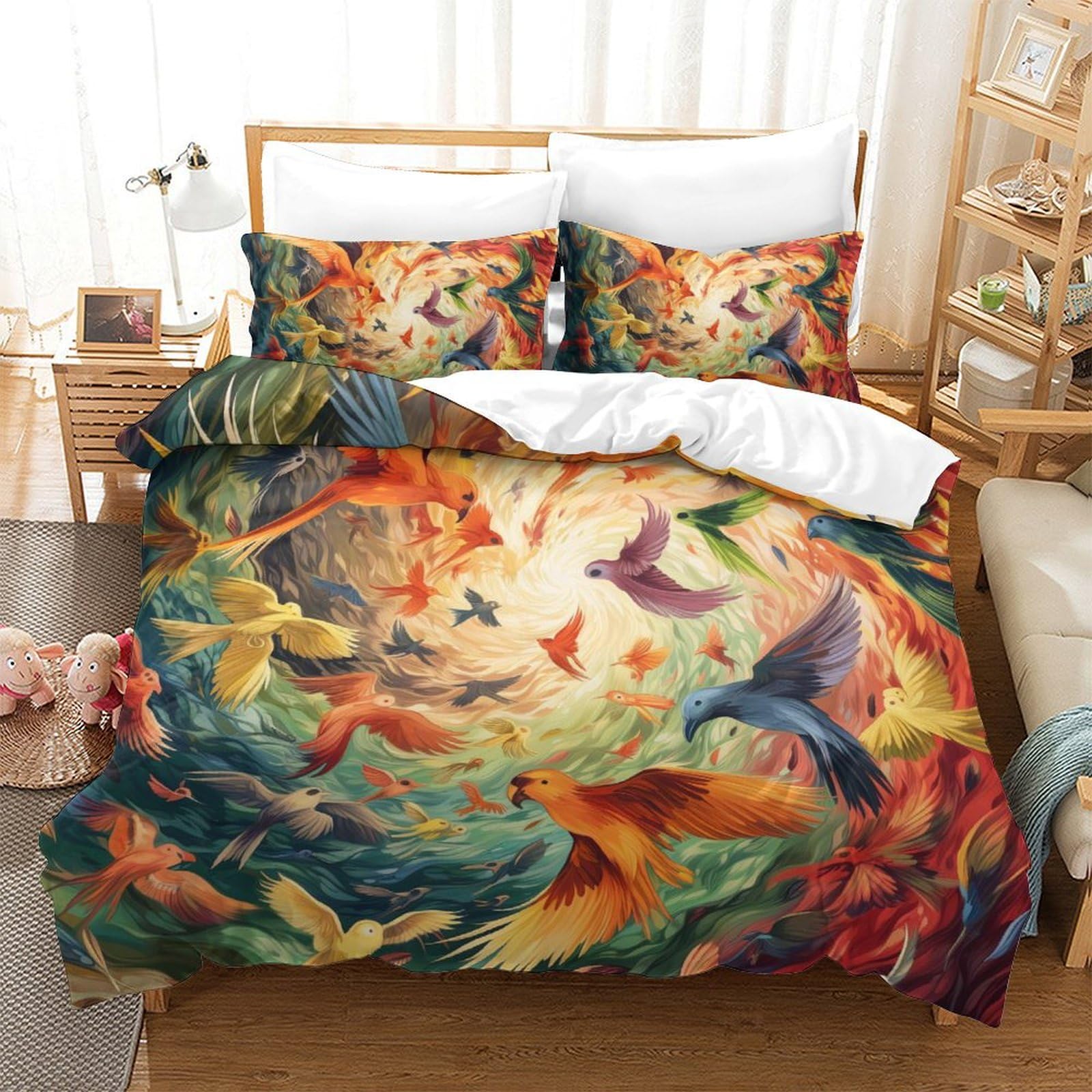 Housse de couette oiseaux 3D 220x240 cm microfibre : parure de lit avec taie d'oreiller