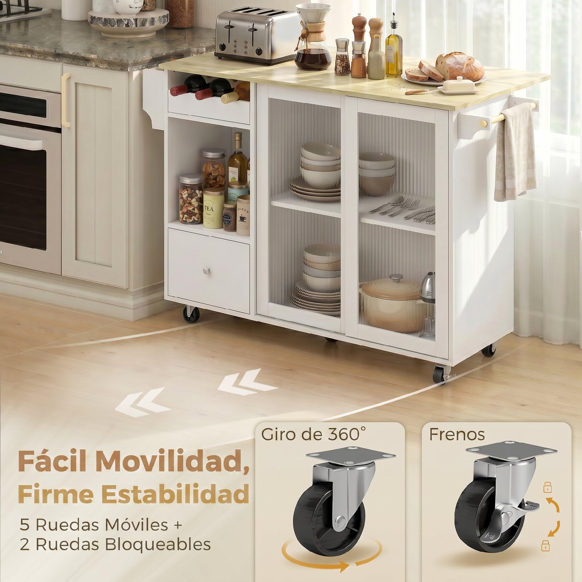 HOMCOM Isla de Cocina con Encimera Abatible, Botellero, Blanco y Roble | Carrito de Cocina, Puertas Correderas de Vidrio, Ruedas, Cajón, Especiero y Estante Ajustable