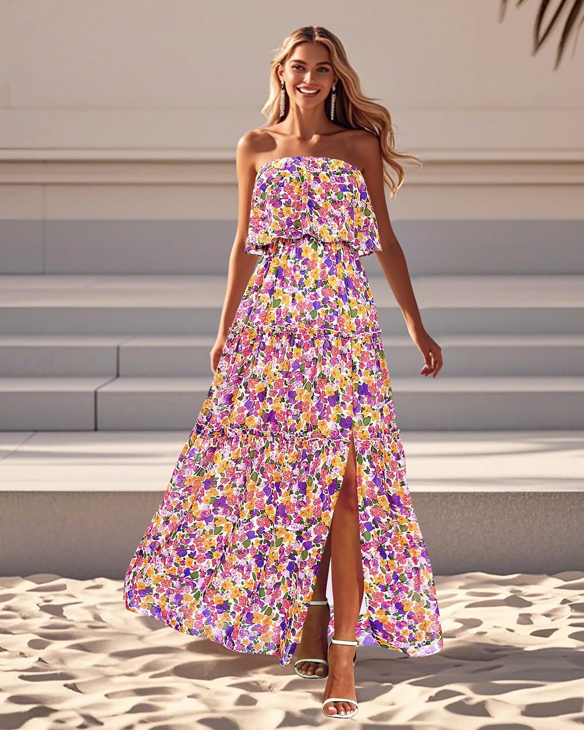 Women Strapless Summer Dress - Boho Chiffon Maxi Beach Side Split Tiered Long Sundresses - Image 4