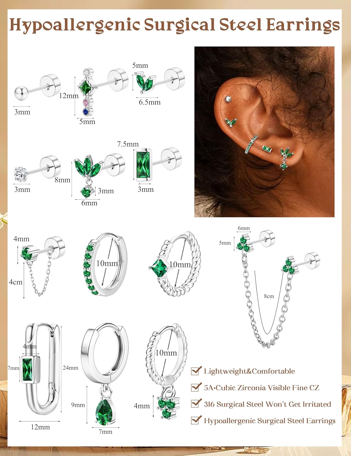 ORAZIO 20G Helix Piercing Jewelry Flat Back Cartilage Earrings for Women Surgical Stainless Steel Hypoallergenic Hoop Stud Earrings Set Tragus Helix Piercing Jewelry for Sensitive Ears Single Pc - Image 3