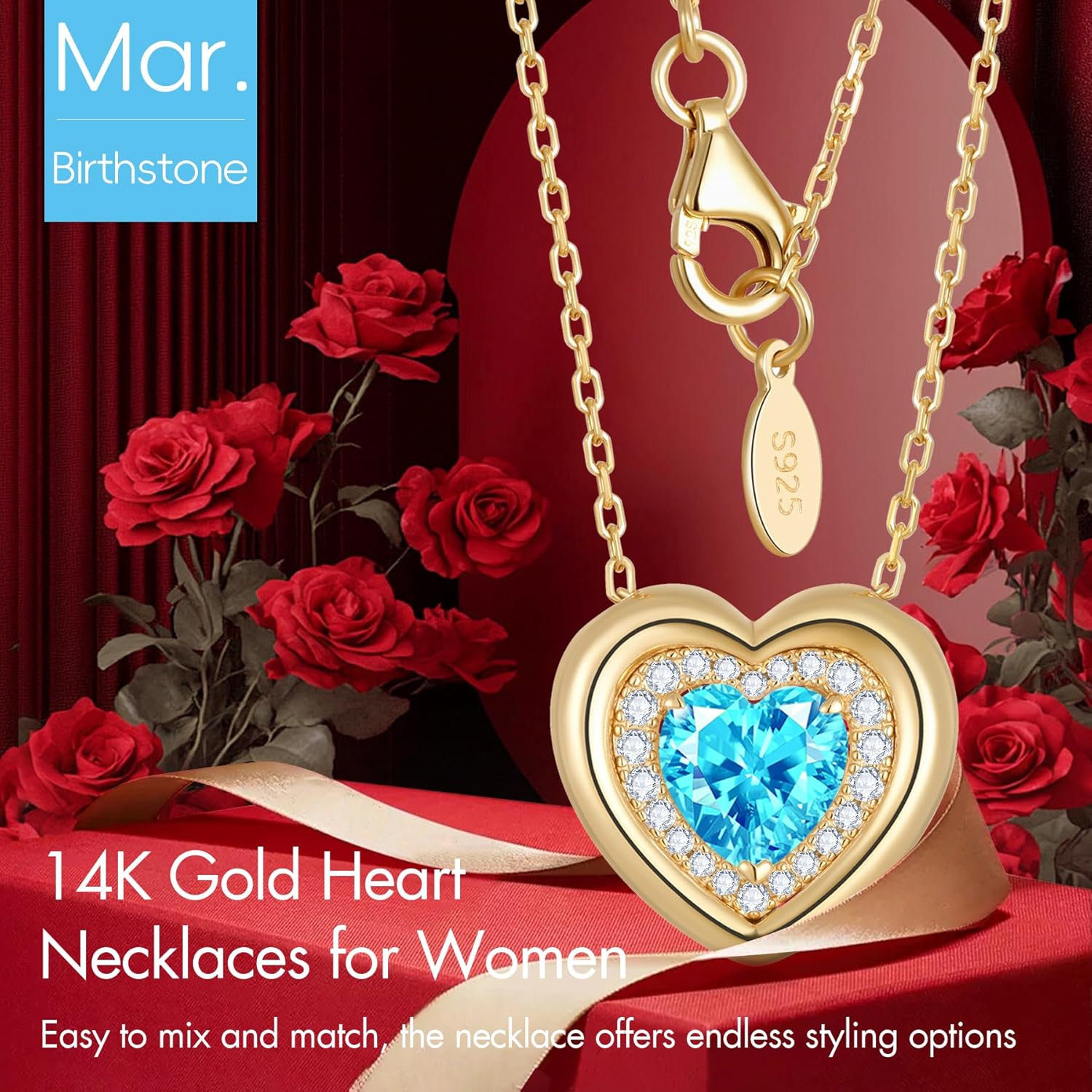 Kstyle Valentine's Day Gifts for Women - 14K Gold Filled 925 Sterling Silver Heart Birthstone Pendant Necklaces, Anniversary Birthday Jewelry Gifts for Wife Daughter Mom Grandma, Non Tarnish 16"+2" - Image 2