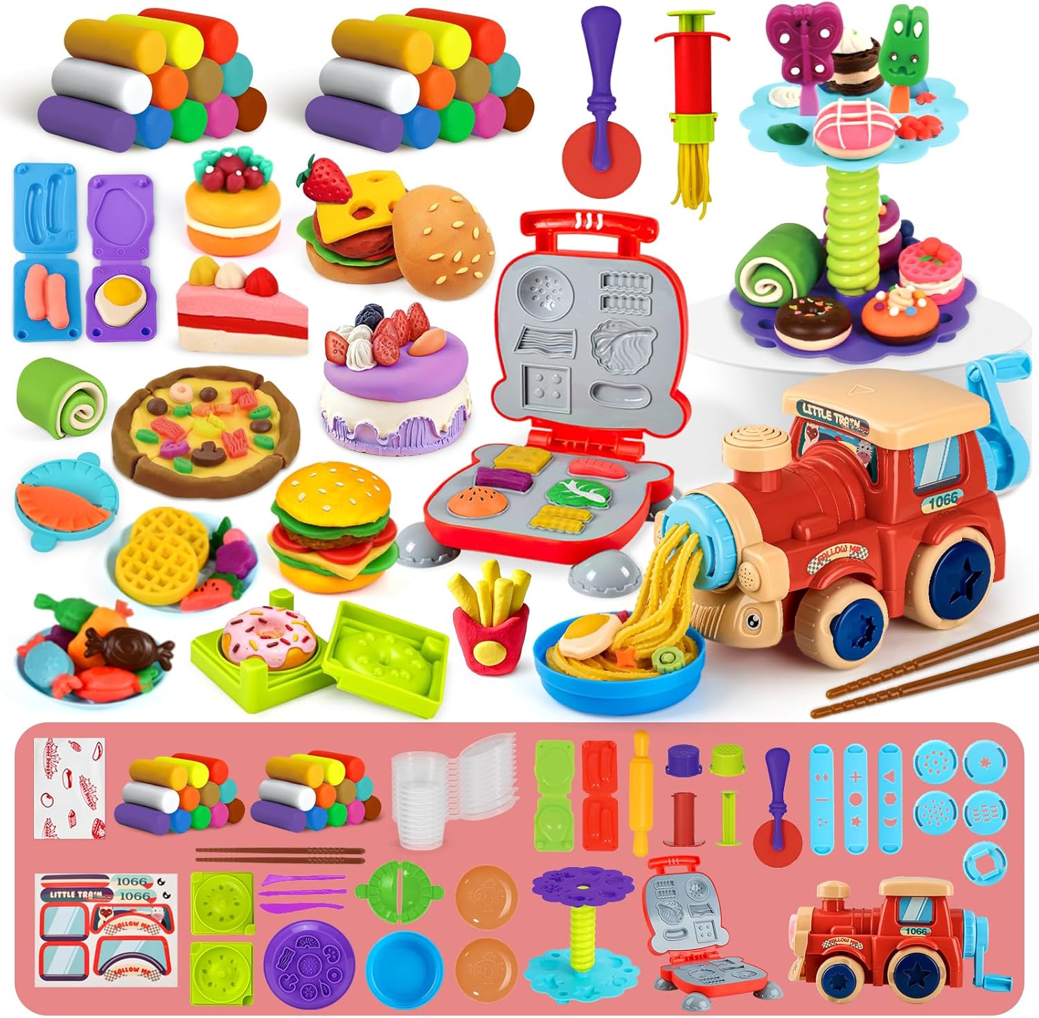 85 PCS 3 in 1 Dough Sets for Kids Ages 3-4-8, Art Crafts Dough Tools Kit, Train Engine Noodle Playset with Light & Sound, Hamburger Machine, Dessert Rack, Kitchen Creations Food Play Toys Boys Girls