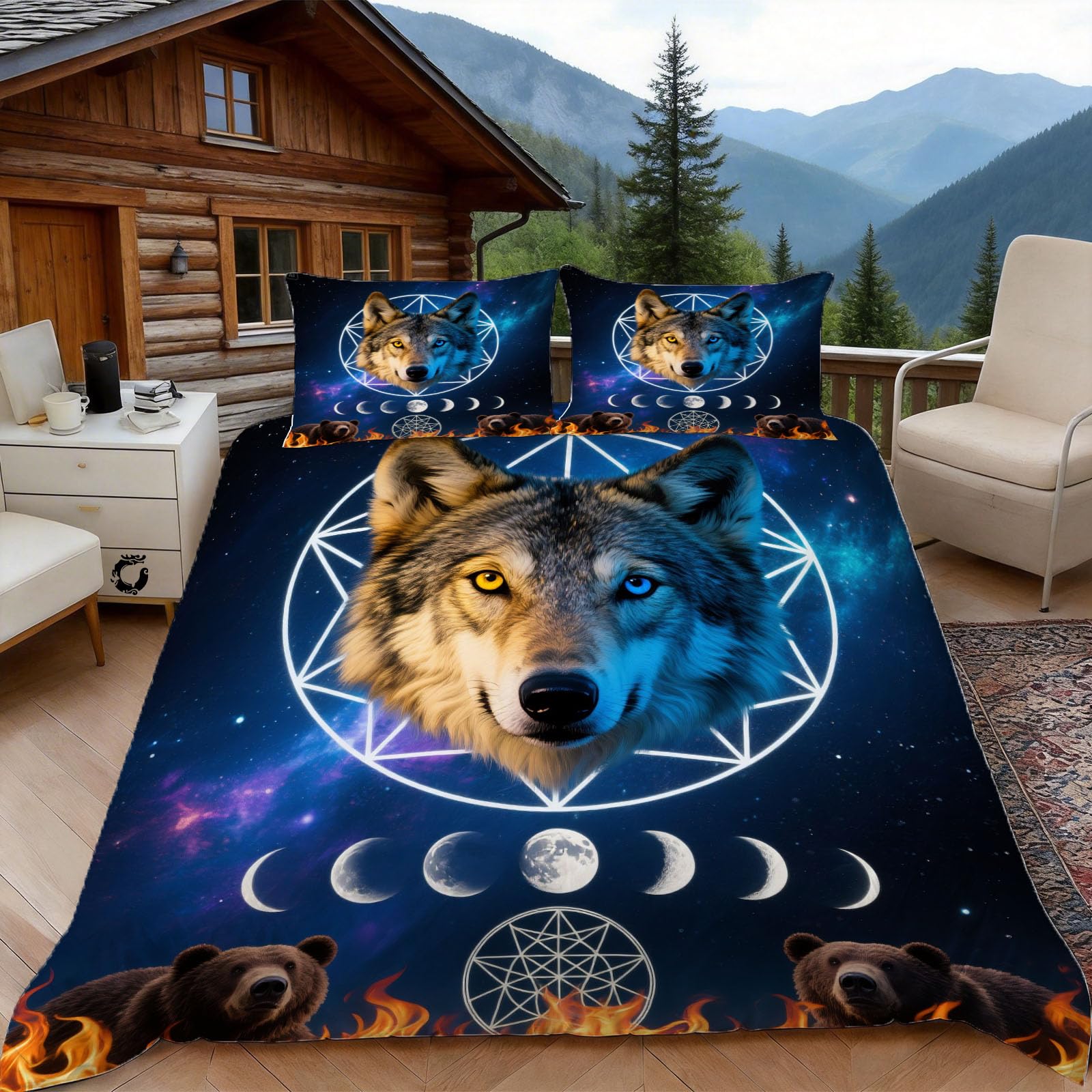 3D Single Duvet Cover Set 3D Printed Moon Wolf Bedding, Flame Soft Microfibre Duvet Cover Sets Quilt Cover and Pillow Set with Zipper 3 Pcs