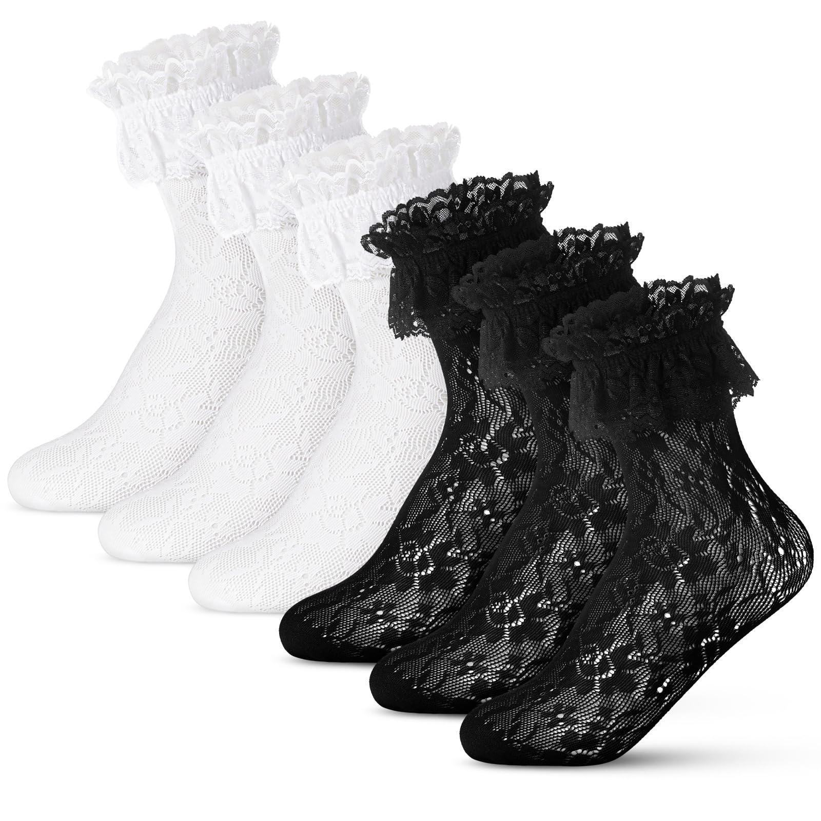 SATINIOR6 Pairs Women's Lace Ruffle Frilly Crew Socks Princess Ankle Dress Socks Cute Stockings for Girls Lady