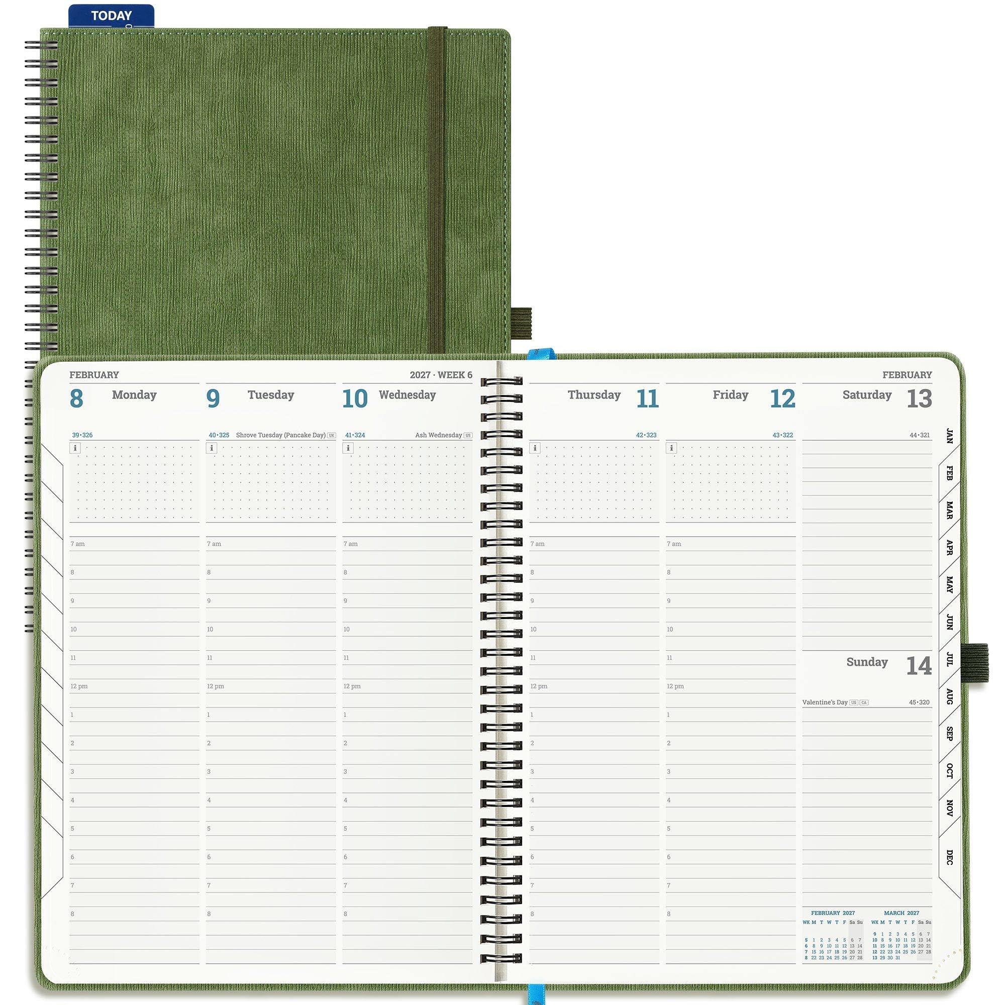 IN-LUXPRO 2027 Diary: Large A4 Week to View (29x21.5 cm) 12 Months (Jan.- Dec.) Vertical Weekly Appointment Spiral Softcover Planner with Timeslots, Inner Pocket, 100GSM Paper, PU Leather Olive Green