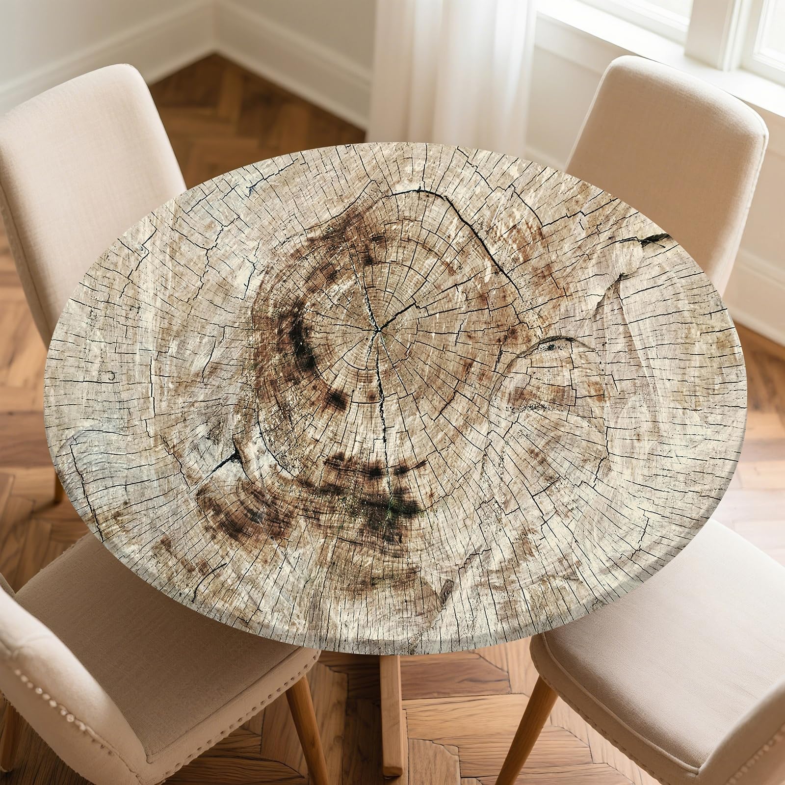 Odot Round Tablecloth Wipe Clean 60-160cm, Wood Grain Effect Round Outdoor Table Cover Fitted Elastic Edged Washable Circle Table Cloth Protector Decorative for Kitchen Dining Room (Trees,140cm)