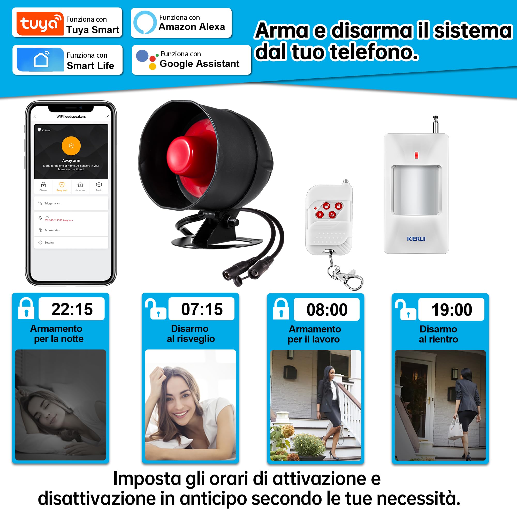 Sistema di allarme WiFi, 120 dB, sistema di allarme radio per la sicurezza domestica, con 2 sensori di movimento e telecomando per capannoni e garage
