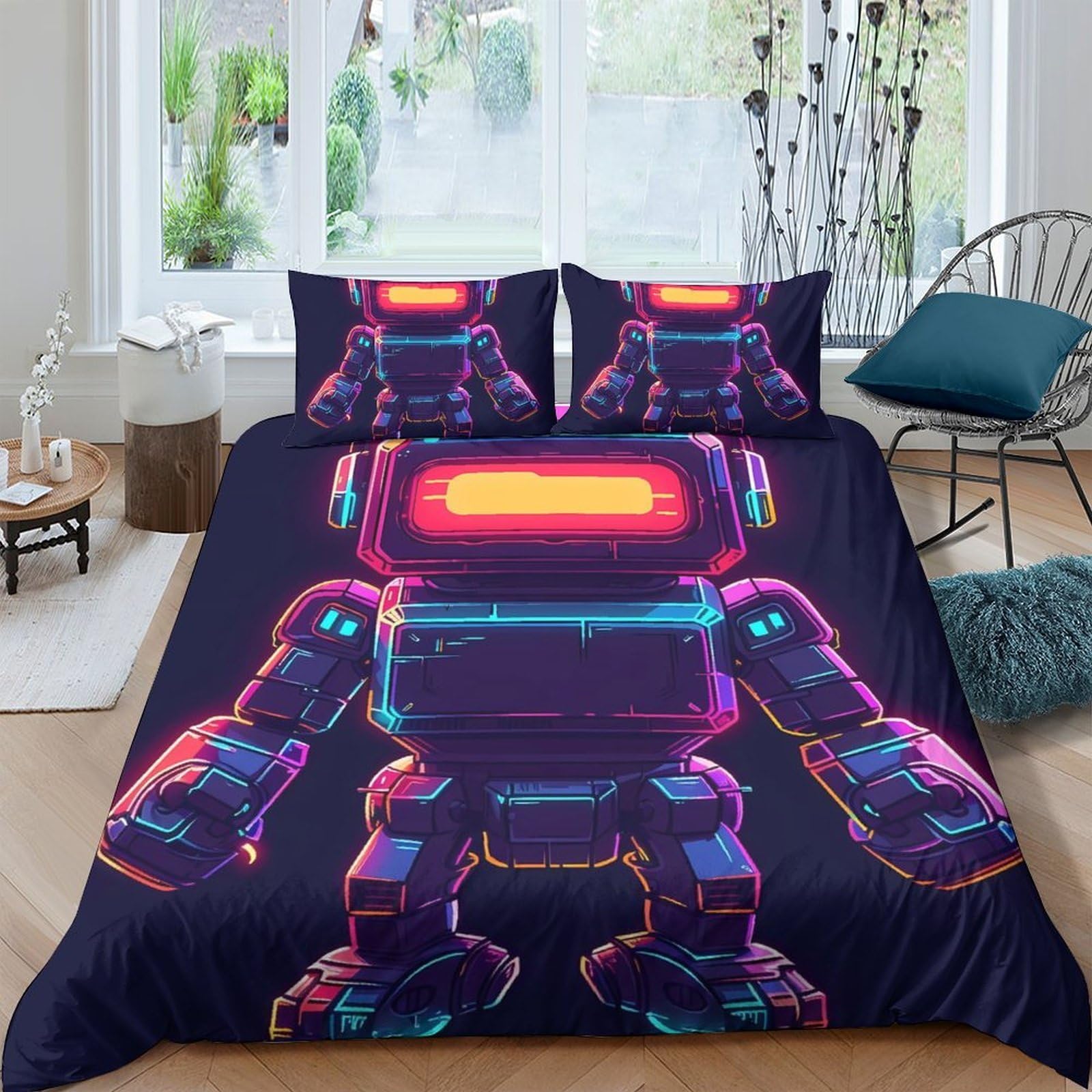 Ctjqhvkz Style-3 3D Printed Neon Robot Fitted Sheet Microfiber Soft Anti-Slip Futuristic Bed Sheet For Bedroom Guest Room Decor Single（135X200cm）