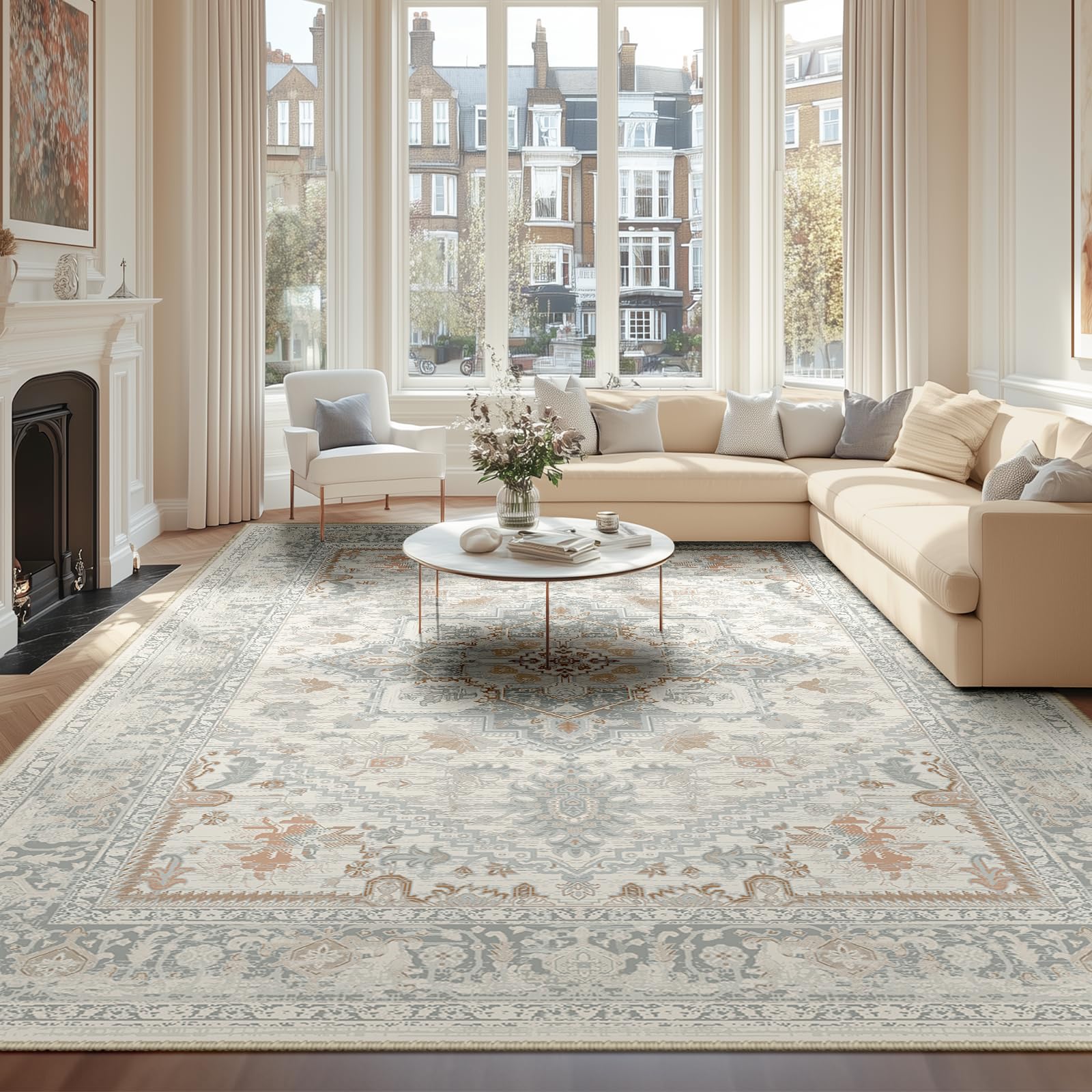 BESTSWEETIE 9x12 Area Rugs for Living Room Washable Non Slip Carpet Low Pile Soft Vintage Print Pattern Rug for Bedroom Dining Room Kitchen Entryway Indoor-Light Taupe/Brown