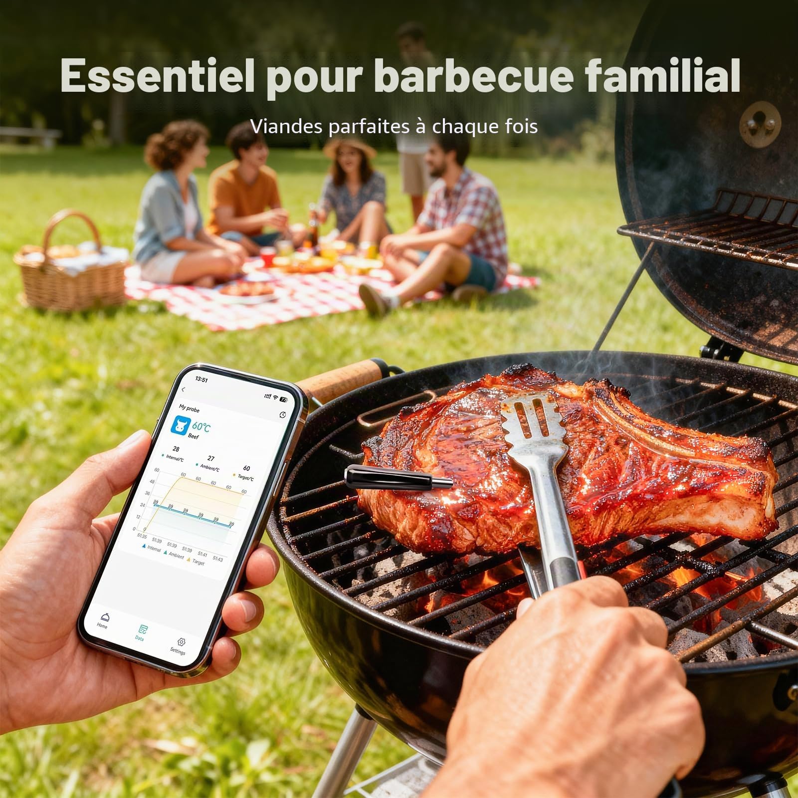 Luvan Thermomètre à viande sans fil Bluetooth, Double commande APP & Base, IP67 étanche, Thermomètre numérique pour BBQ, four, fumoir, friteuse à air