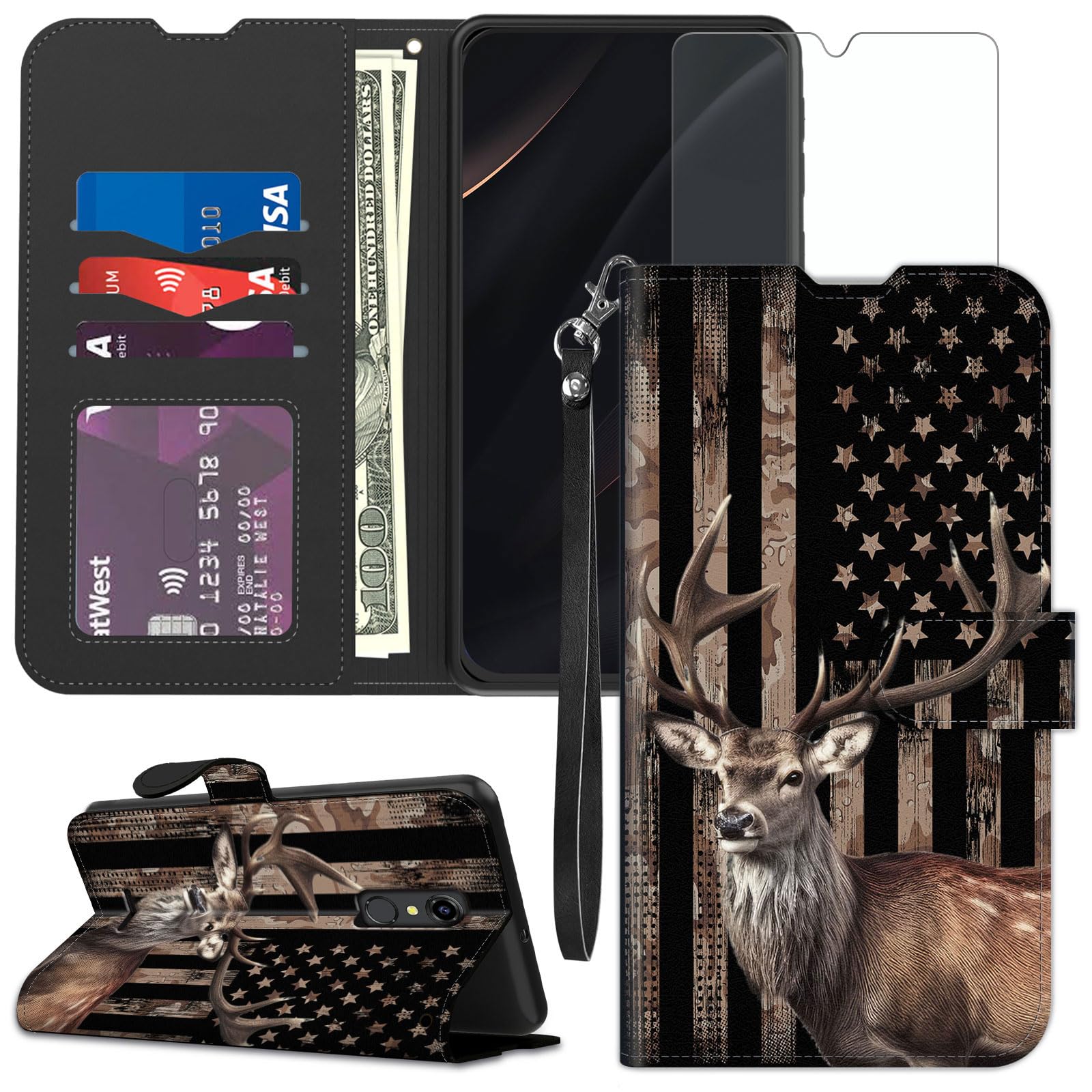 for Consumer Cellular Iris Connect Wallet case with Screen Protector, RFID Blocking Credit Card Holder Kickstand, Folio Flip PU Leather Shockproof Protective Cover, American Flag Deer