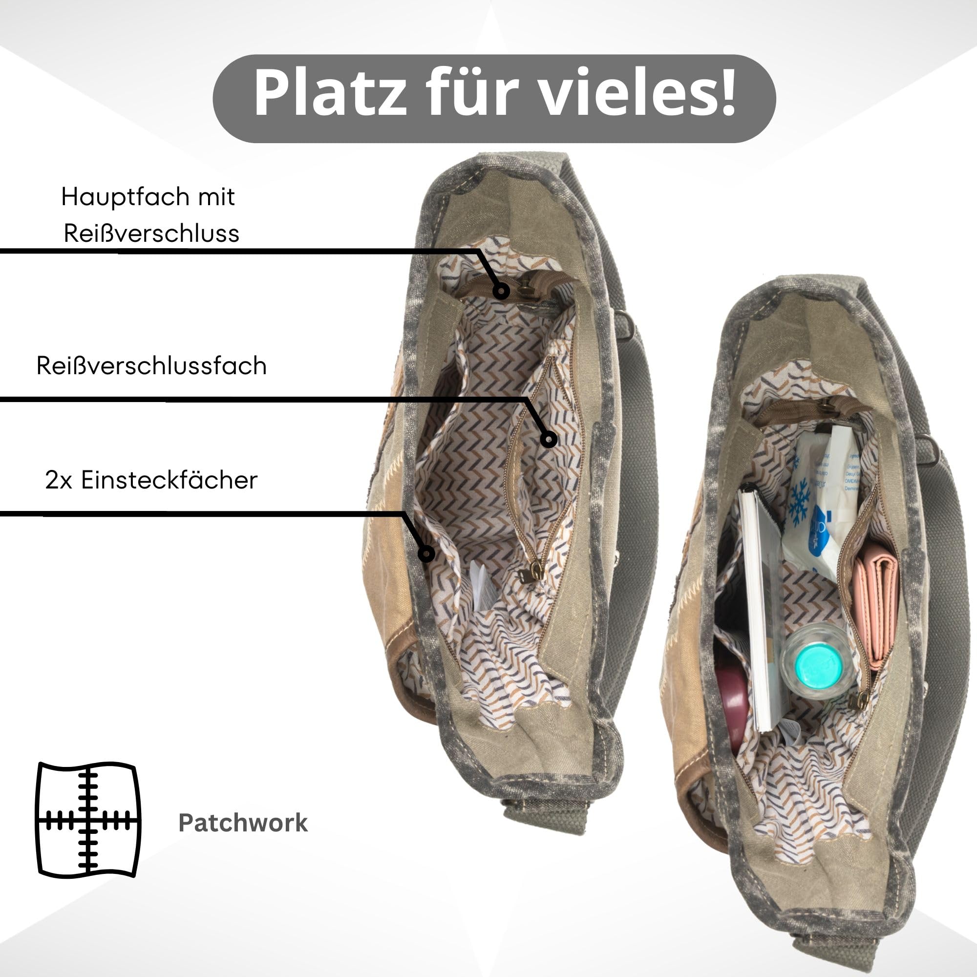 Sunsa Damen Hobo Tasche. Patchwork Umhängetasche aus Canvas & Leder Khaki