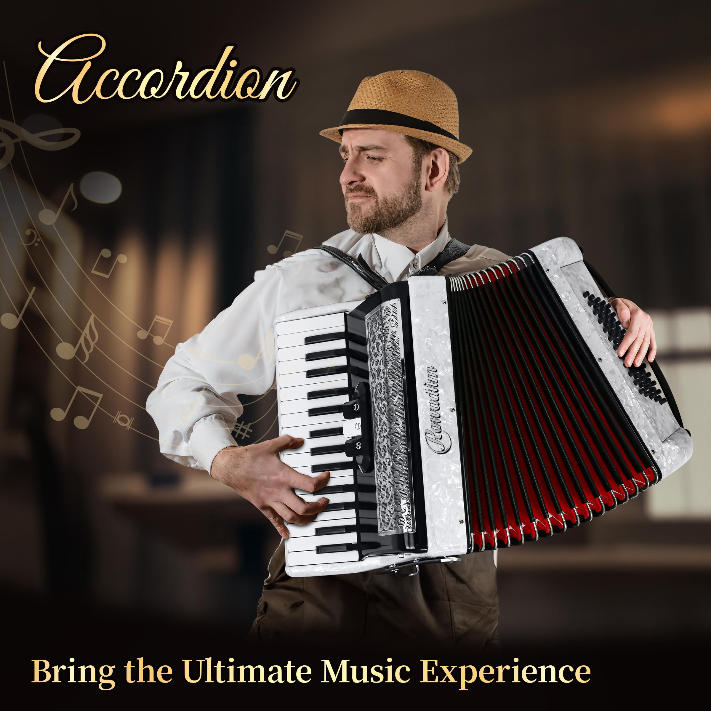 Accordion - 30 Key 60 Bass Professional Keyboard with Backpack & Strap, Ideal for Beginners, Adults, Students & Music Lovers (White)