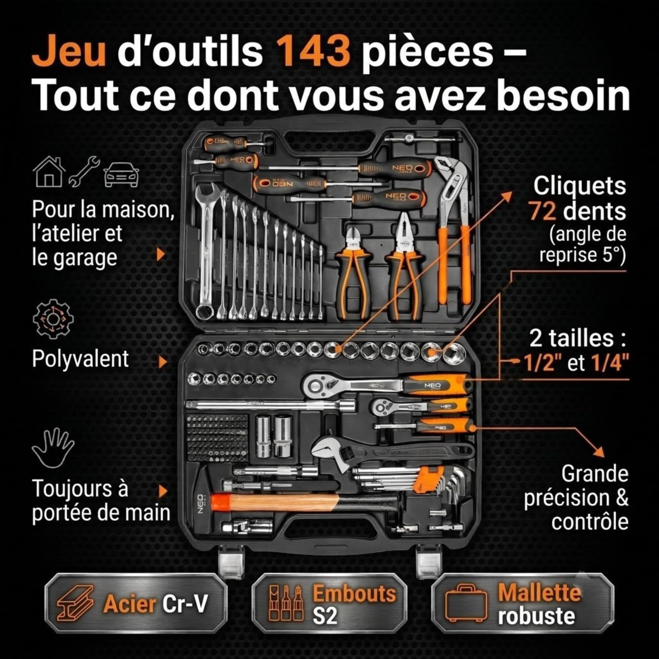 NEO TOOLS Lot de 143 outils en acier CRV pour travaux mécaniques, électriques, sanitaires et ménagers, mallette solide avec pinces métalliques