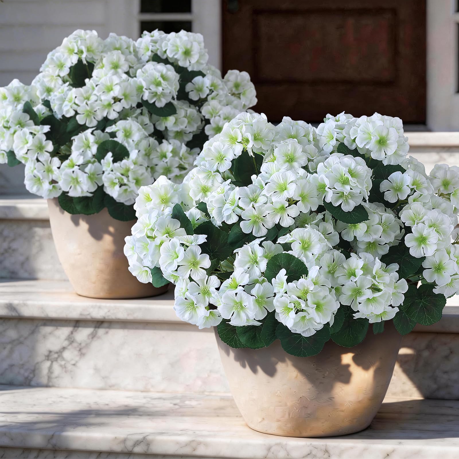 Condition photo showing New/Like New for glidlion 12 bundles artificial geranium flowers for spring summer decor, uv-resistant fake plants realistic faux silk bouquets for front door farmhouse garden porch home outdoor decor (white)