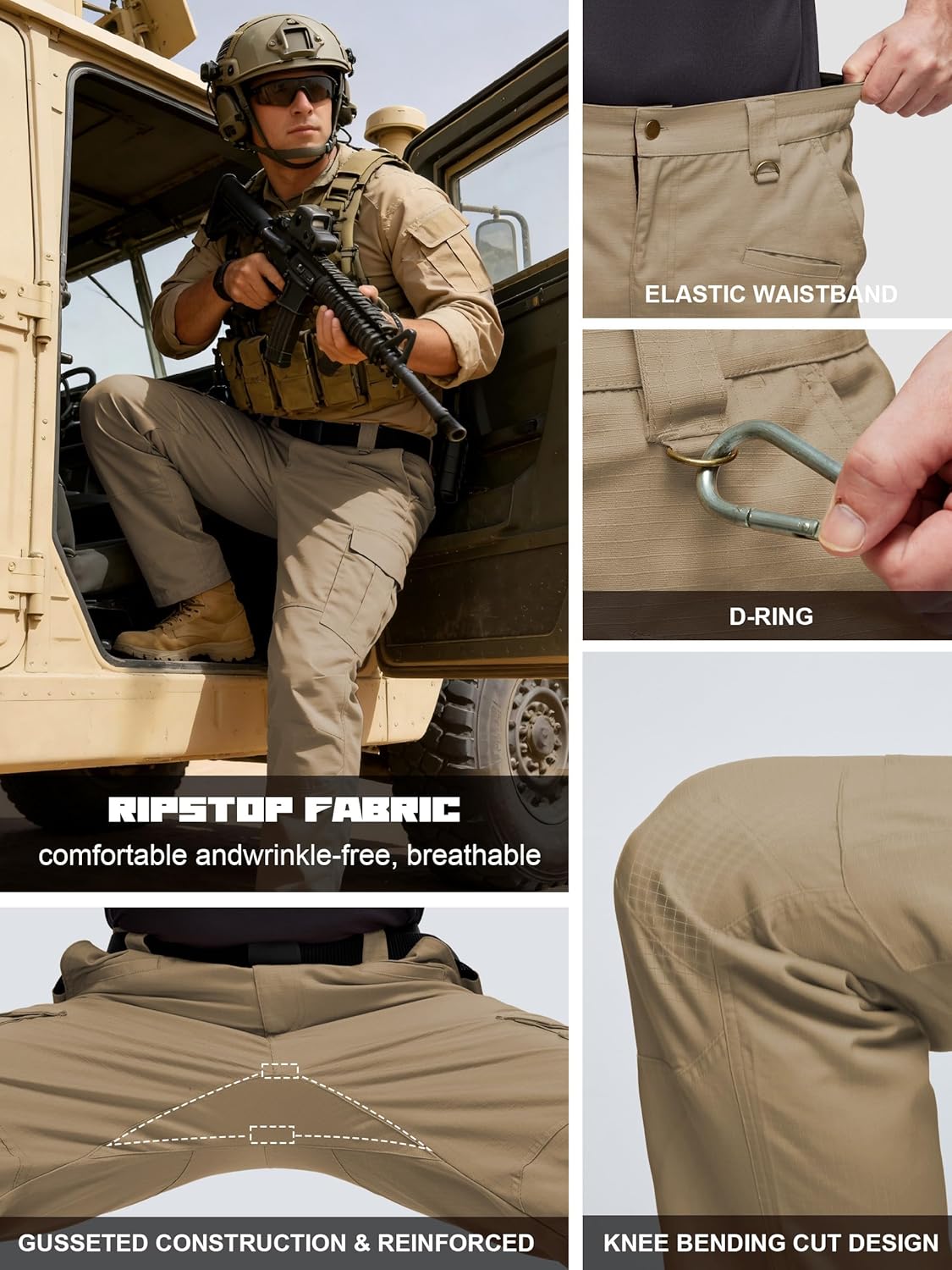 SWISSWELL Tactical Pants for Men Water Resistant Ripstop Elasticated Waist Cargo Pant with 8 Pockets for Work Construction