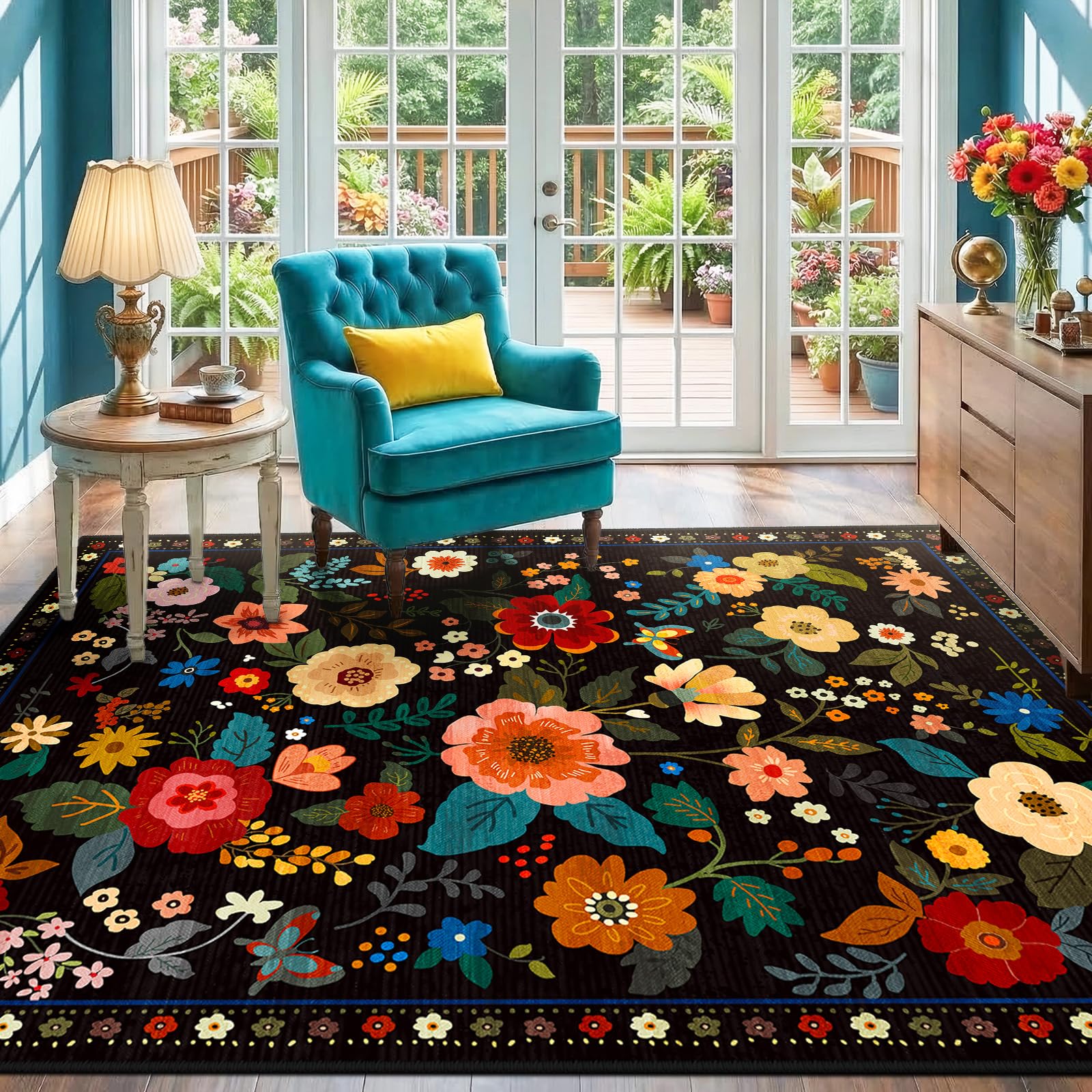 Photo 1 of RELEANY Floral Area Rug 3'x5' Black