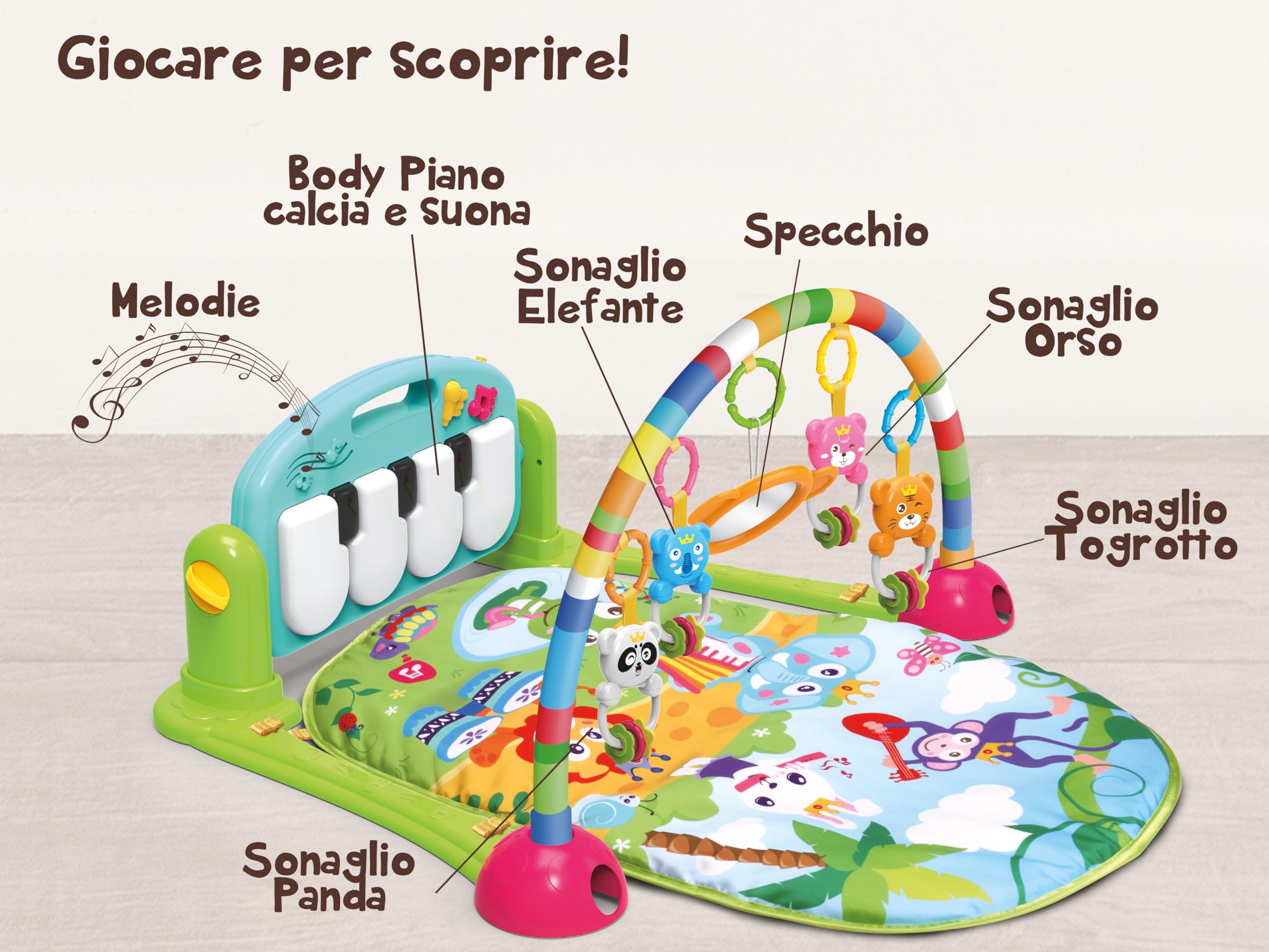 Teorema Giocattoli Palestrina Baby Musicale 75x60x45 cm, Tappeto Sensoriale Interattivo Neonato con Piano Calcia e Suona, Sonagli Animaletti e Specchio, Giochi Neonati 0-12 Mesi
