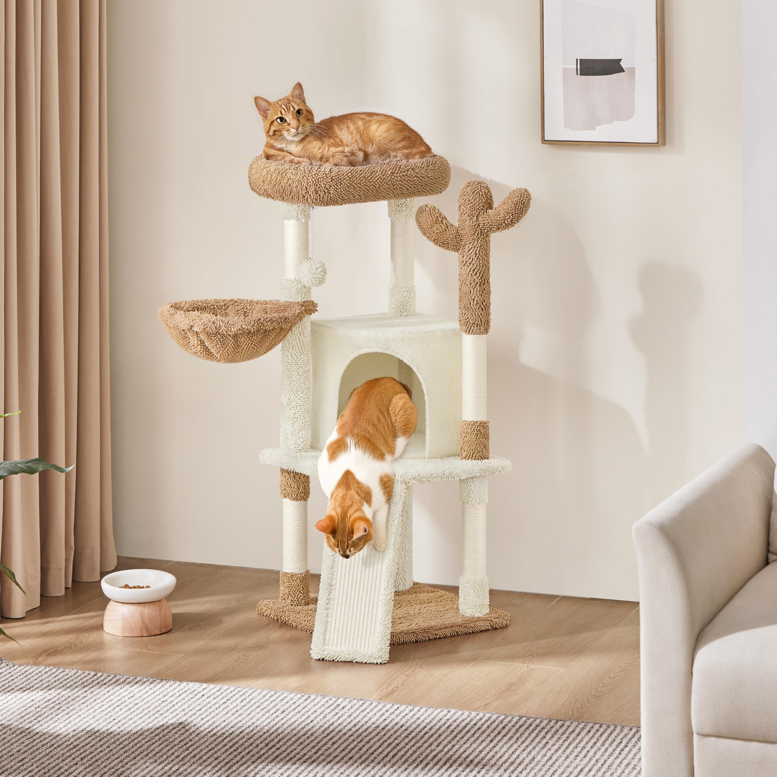 Yaheetech Arbre à Chat Cactus Hauteur 106,5 cm Tour pour Chat en Tissu Moppy avec Poteaux en Sisal Plateformes Niche Panier Perchoir Griffoirs Maison (Beige/Marron)