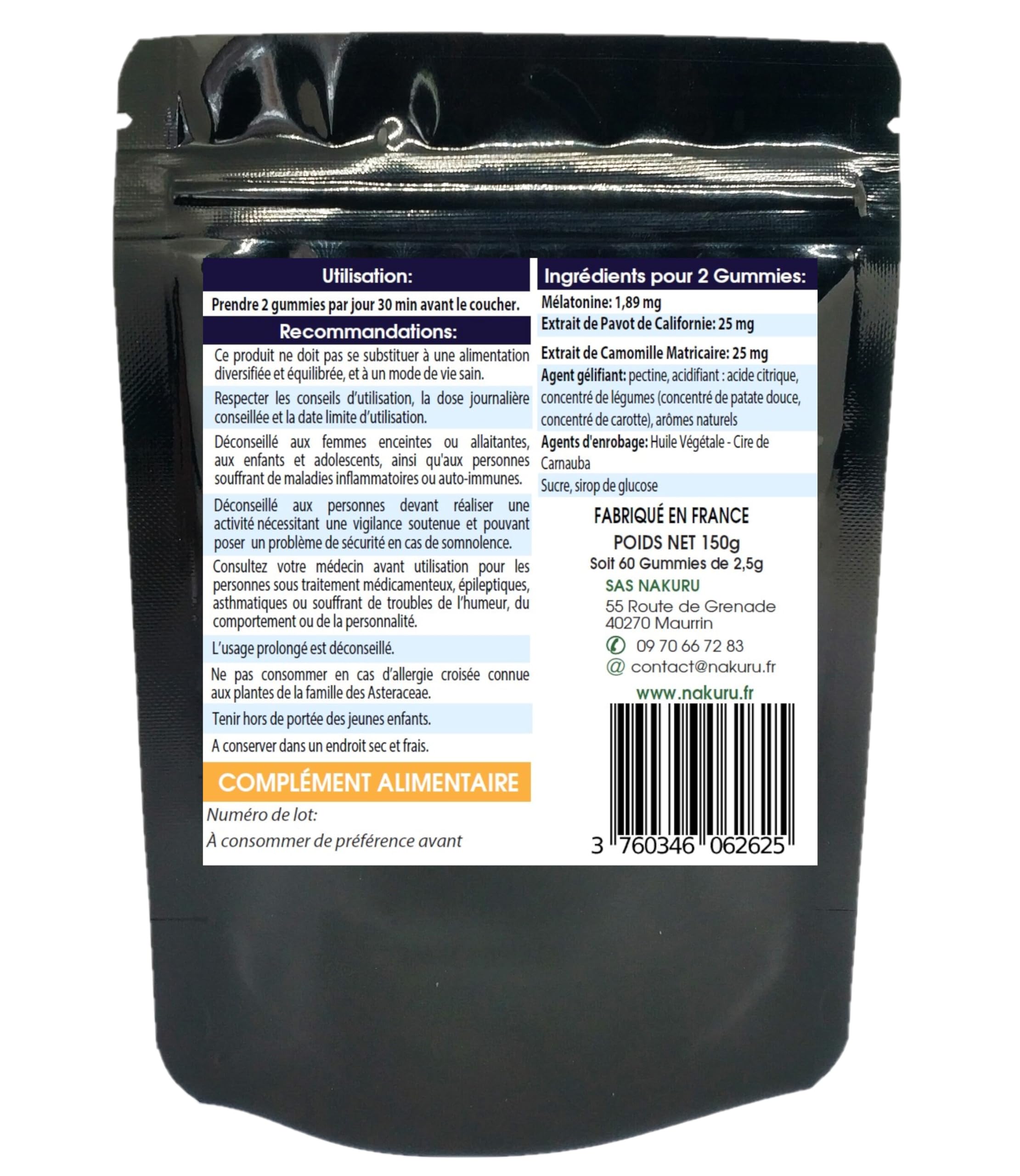 NAKURU | Sommeil Gummies | Gamme Relax | Saveur: Framboise + Cassis |Fabriqué en France | "Mélatonine + Pavot de Californie + Camomille !" (60 Gummies / 30 Jours)