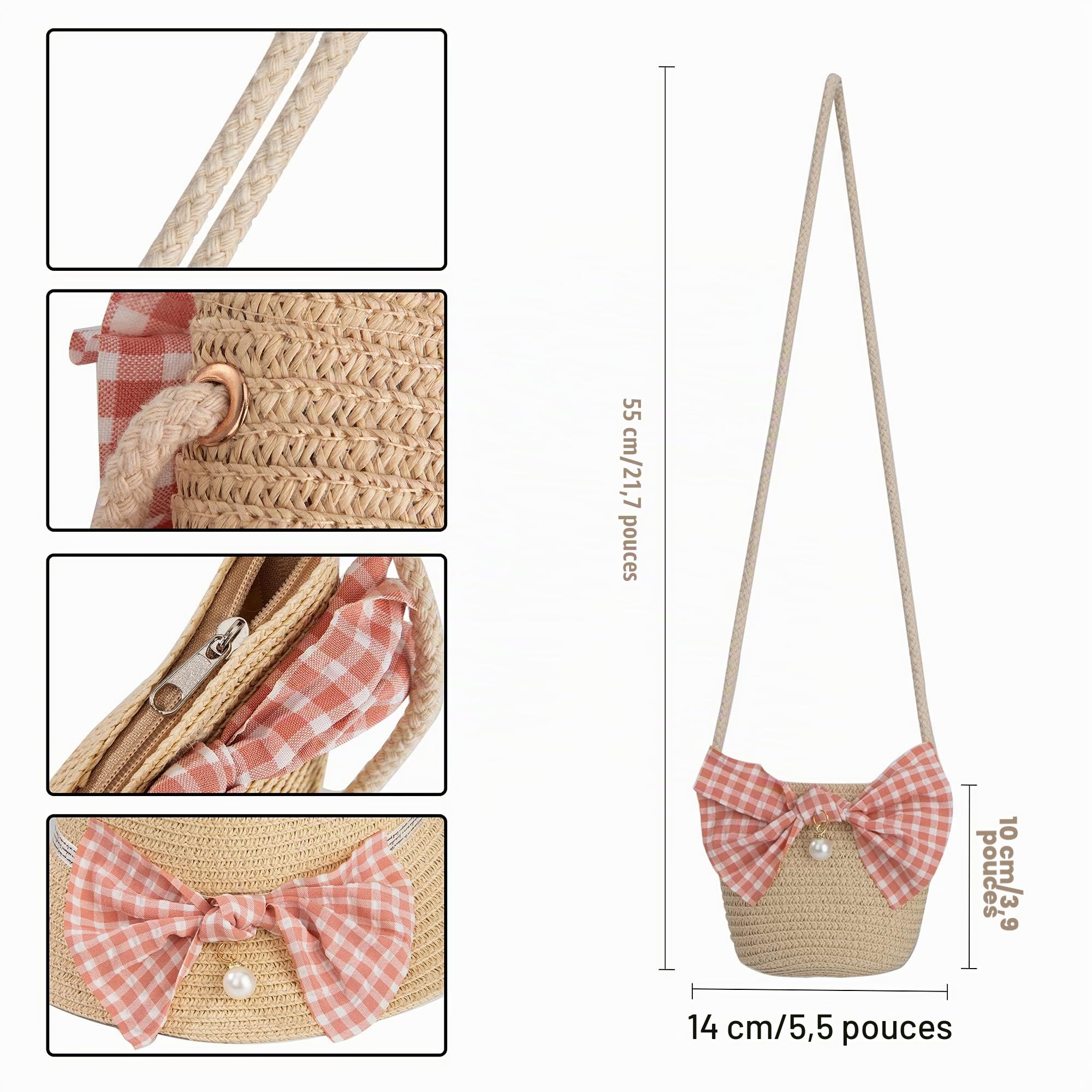 Chapeaux de Paille Filles et Petit Sac Ensemble avec Décoration Bowknot Chapeau de Soleil d'été Enfant pour Plage Voyage Randonée