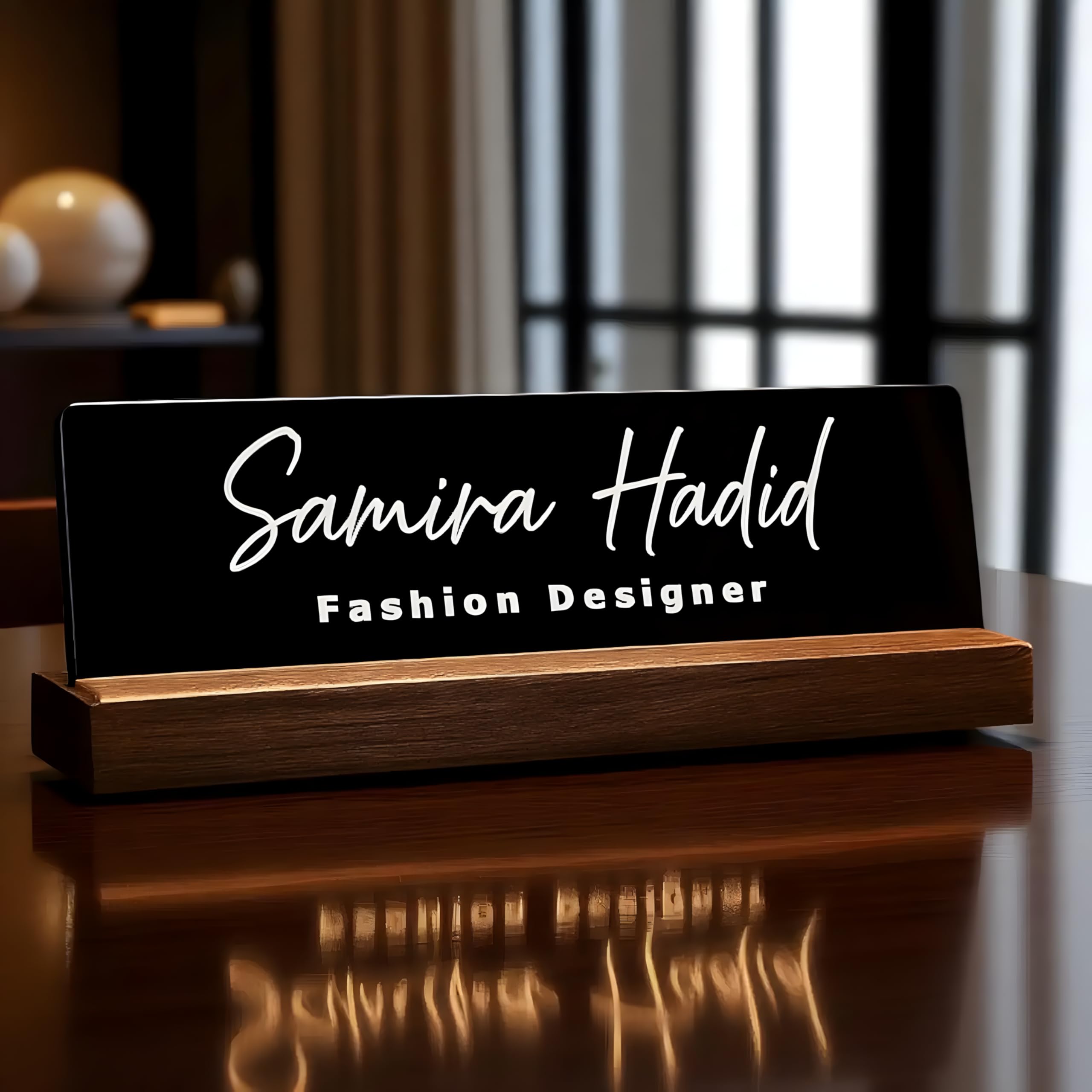 Black Custom Acrylic Desk Name Plate with Wooden Stand