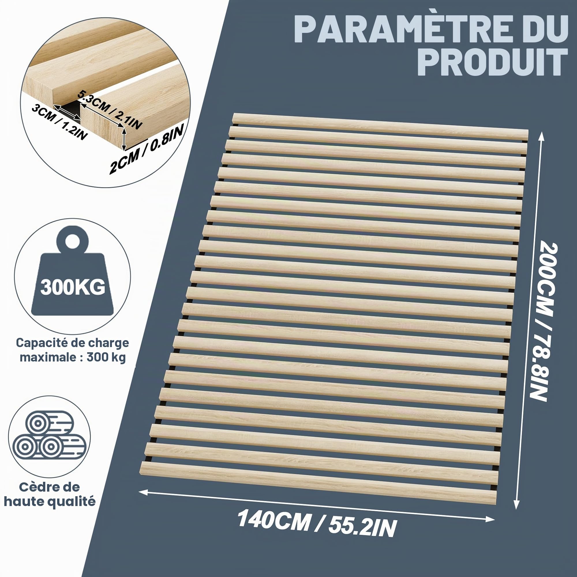UISEBRT Sommier enroulable en bois d'épicéa, 23 lattes, 140 x 200 cm, lattes en bois avec caoutchouc noir, adapté à tous les types de matelas, capacité de charge jusqu'à 300 kg
