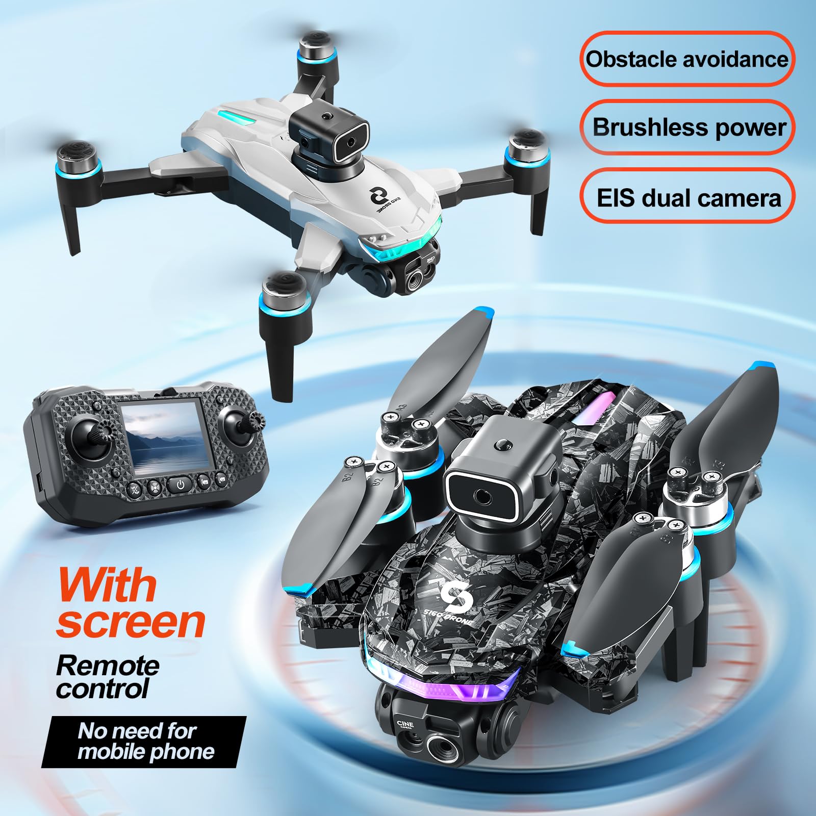 S160 Drone Pieghévole con Telecomando a Schermo Integrato - Doppia Camera HD 90°, Evitamento Ostacoli 4 Direzioni, Motore Brushless, Volo Stabile a Flusso Ottico, Autonomia 13 Min (black)