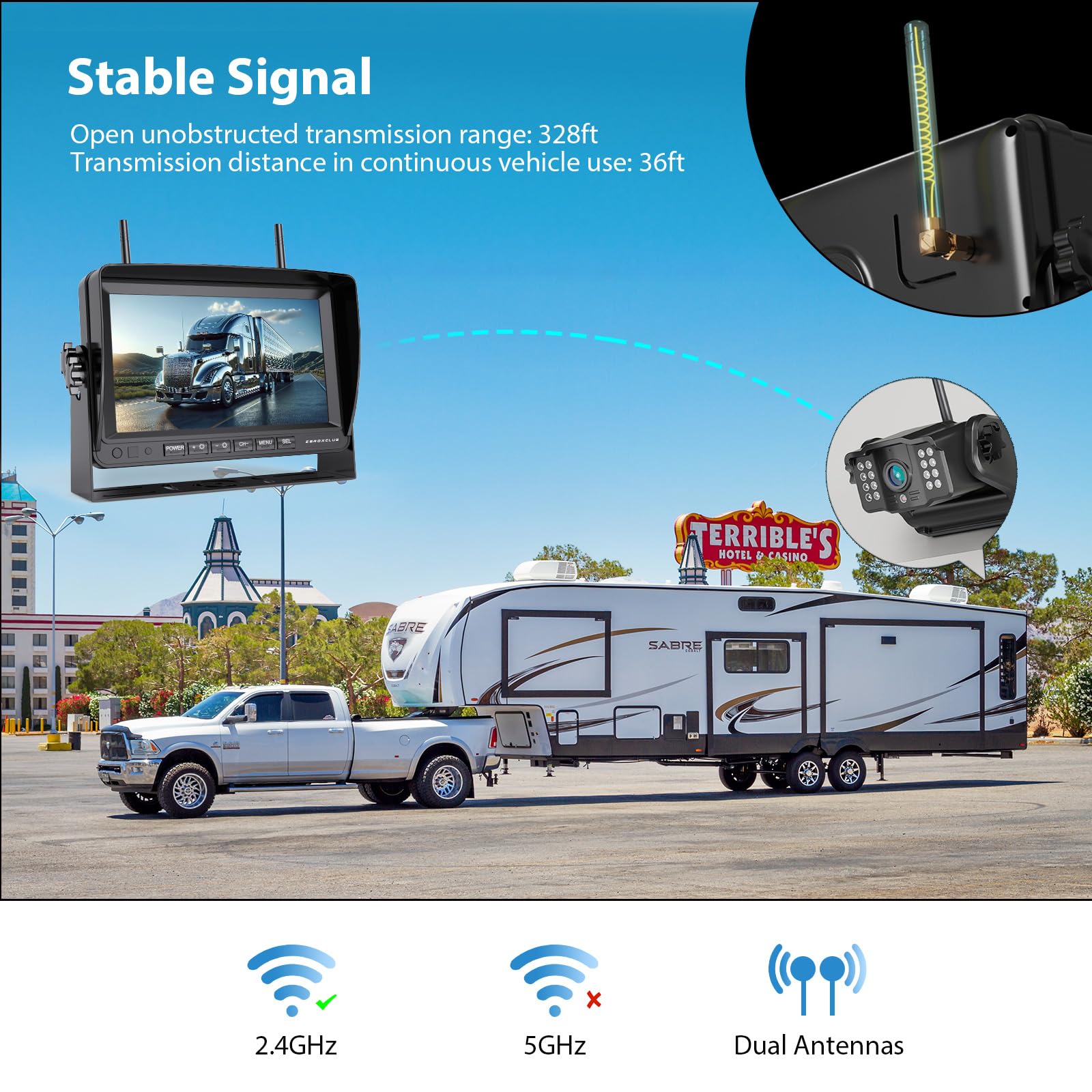 Rückfahrkamera Kabellos Funk 7 Zoll 1080P FHD Monitor 9600mAh Akku IP69K Wasserdicht für Wohnmobile Anhänger LKWs