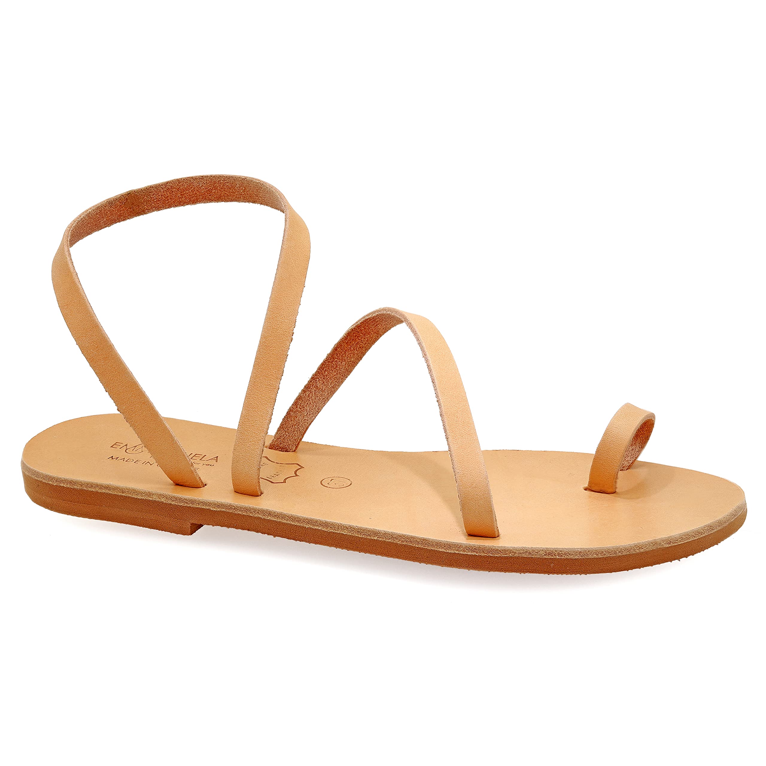Emmanuela Sandalias de piel griega con anillo para el dedo, zapatos de verano hechos a mano, sandalias de tirantes, sandalias planas bohemias chic, plateadas, oro rosa, estampado animal