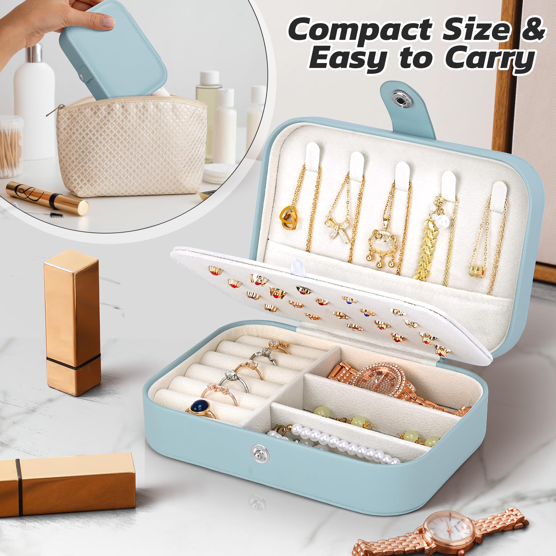 Uoxira Porta Gioielli da Viaggio Piccolo Portagioie da Viaggio Portatile Scatola Portagioie Donna Bambina Organizer Gioielli per Collane Orecchini Anelli Bracciali, Blu