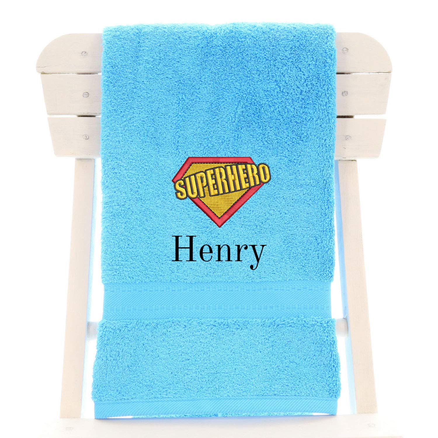 aztex Personalised Children's 100% Cotton Bath Towel with Superhero Logo & Name, 550gsm, 70cm x 130cm - Turquoise