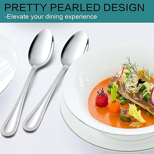 Miniatura 3 de E-far - Juego de 12 cucharas de acero inoxidable con borde perlado para hogar, cocina, restaurante, pulido espejo y apto para lavavajillas, 7.9