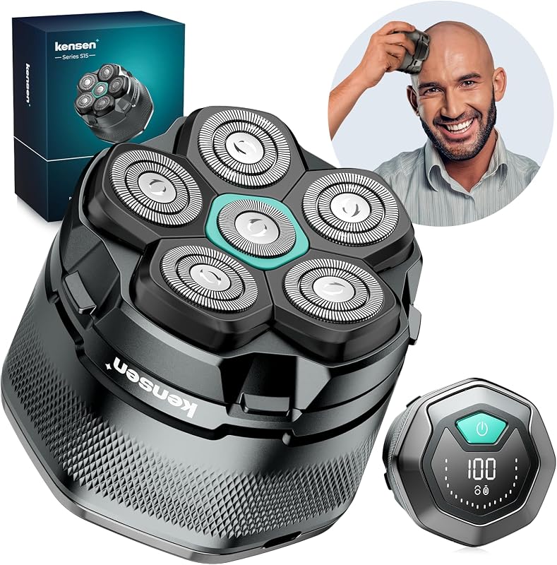 kensen Rasoio Elettrico Testa Calva Uomo 6D Rasoio Testa Calva Impermeabile Cordless 160 Minuti di Autonomia Tagliacapelli uomo con Testina di Taglio Magnetica & Porta di Carica USB-C
