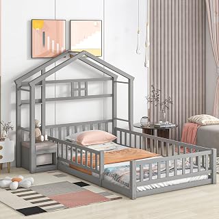 VilroCaz Twin Size Floor Bed with House-Style Headboard and Safety Fence Guardrails for Kids Boys Girls, Solid Wood Platform Bed with Cushion Bedside Table and Sturdy Slats Support (Gray-FL)