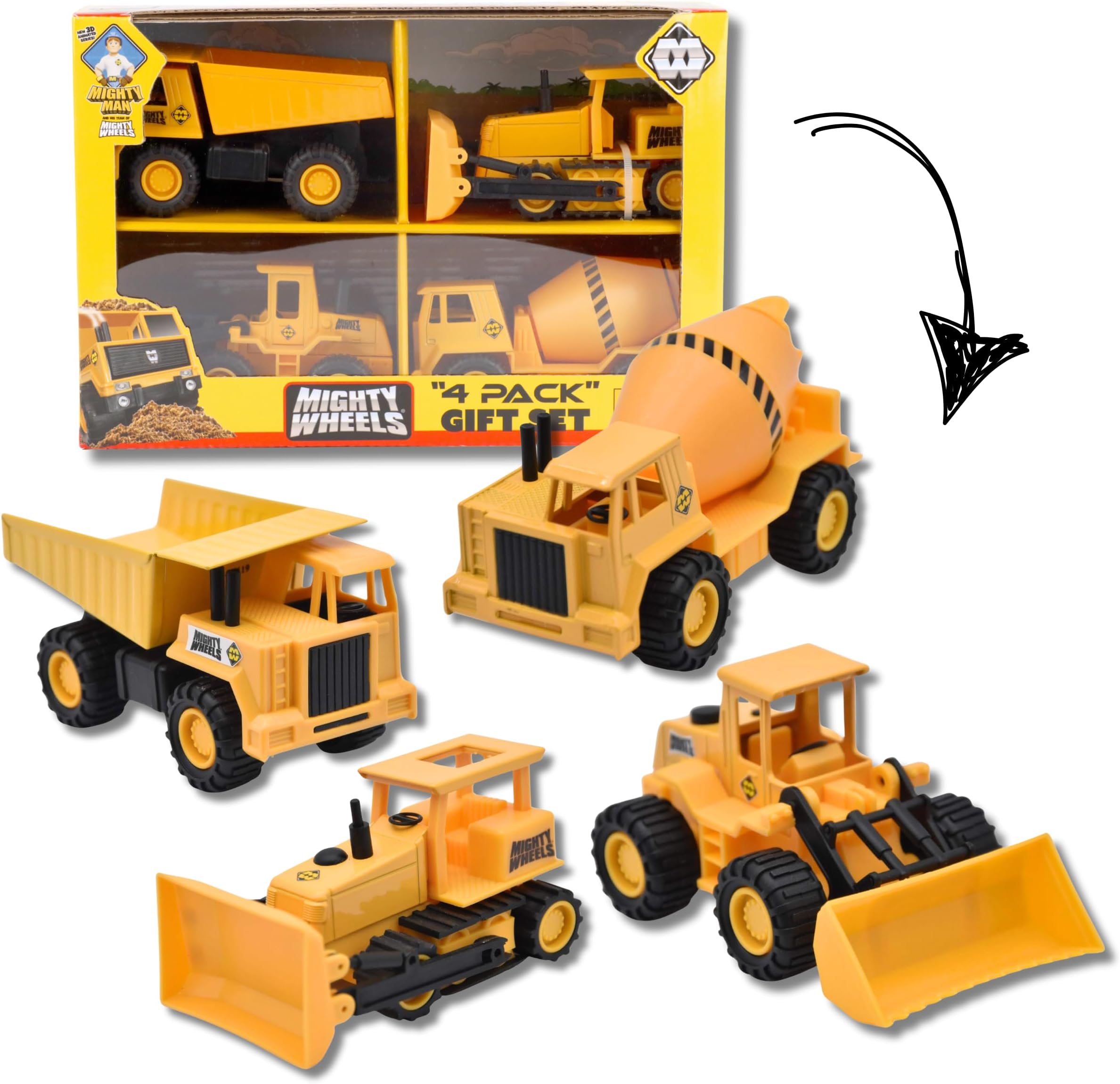 Mighty Wheels Steel 4 Pack of 4.75" Truck Toys - 1 x Dump Truck, 1 x Front Loader, 1 x Cement Mixer and 1 x Bulldozer Toys - Construction Toys for 3+ Year Old Boys and Girls