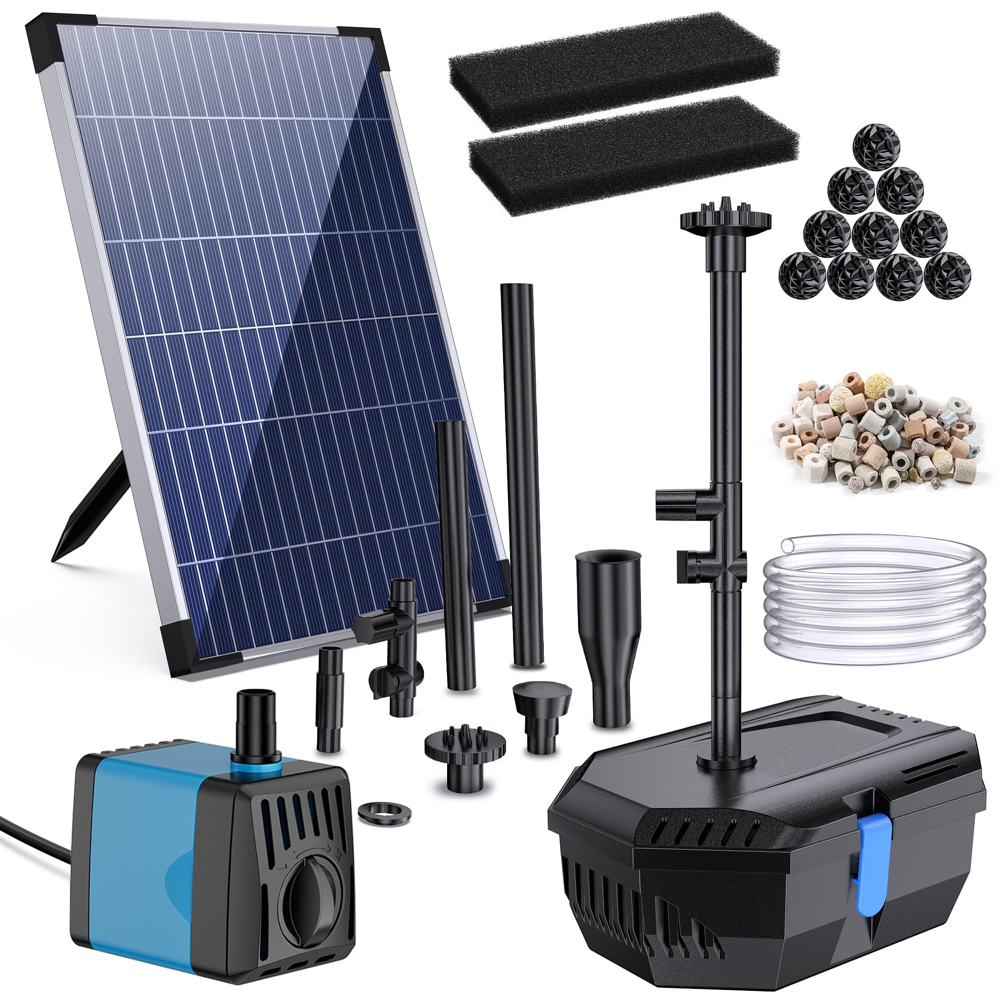 Biling Solarny filtr do stawu 12 W z 4 dyszami – pompa solarna do oczka wodnego z bio-filtrem do stawów do 800 l – bezprzewodowa fontanna solarna do użytku na zewnątrz, do ogrodu, na balkon, mały staw