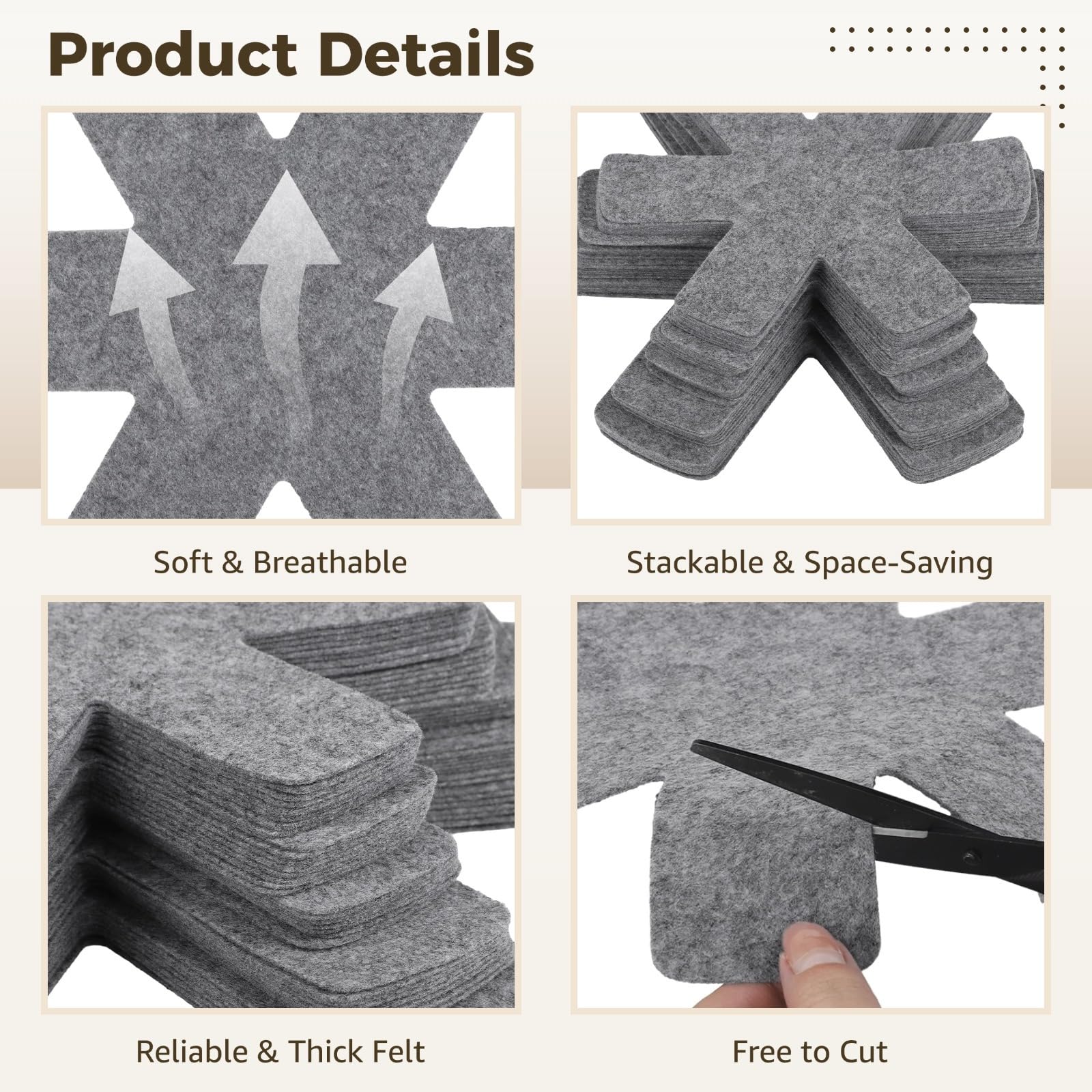 40 protectores de fieltro gris para ollas, almohadillas divisoras de 5 tamaños para utensilios de cocina apilables, antiarañazos y almohadillas de aislamiento térmico para uso en cocina