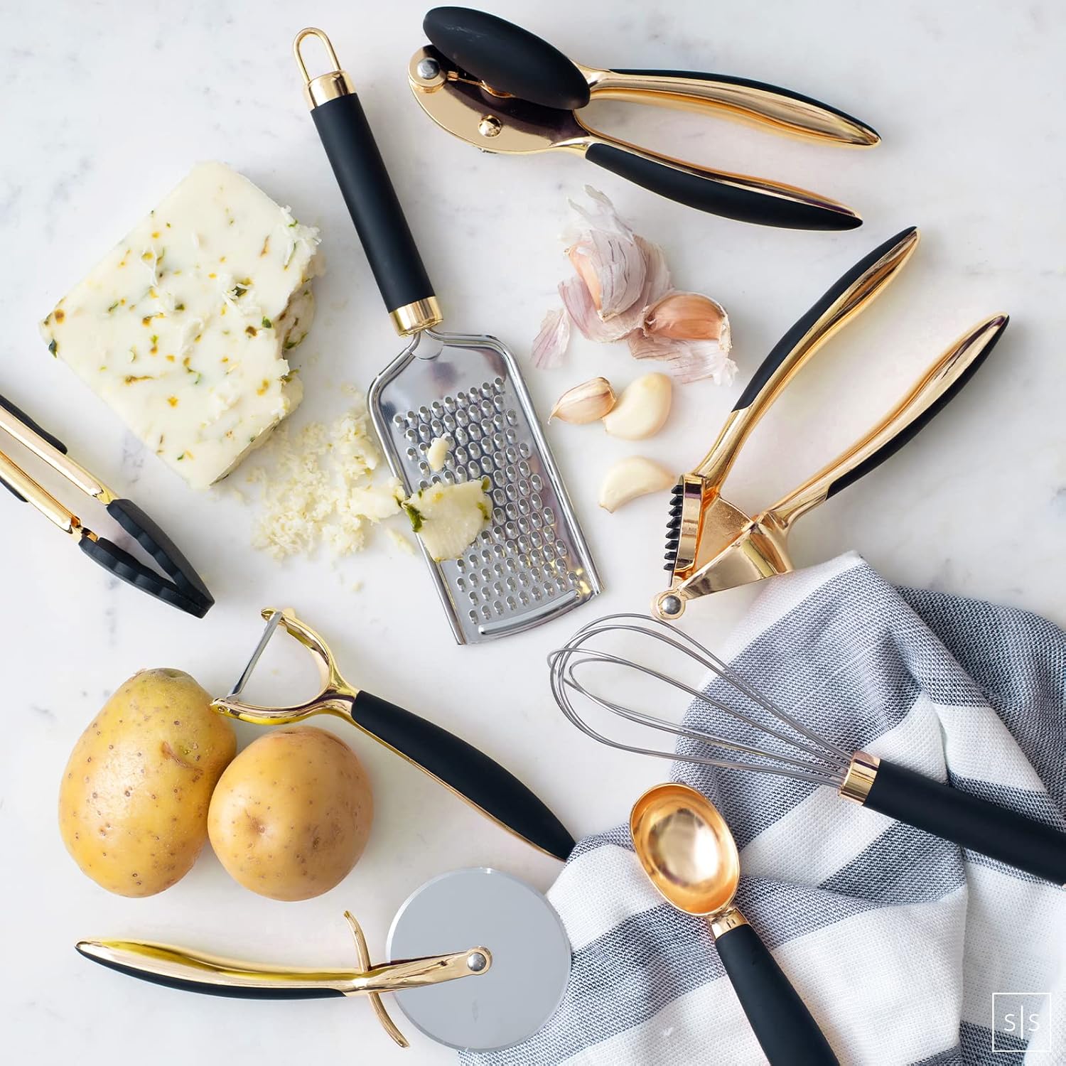 Black and Gold Tool Set- Luxe 8PC Kitchen Gadget Set with Anti-Slip Handles, Gold Utensils Set - Black and Gold Kitchen Accessories Includes Gold Can Opener, Gold Pizza Cutter, Gold Whisk… : Everything Else