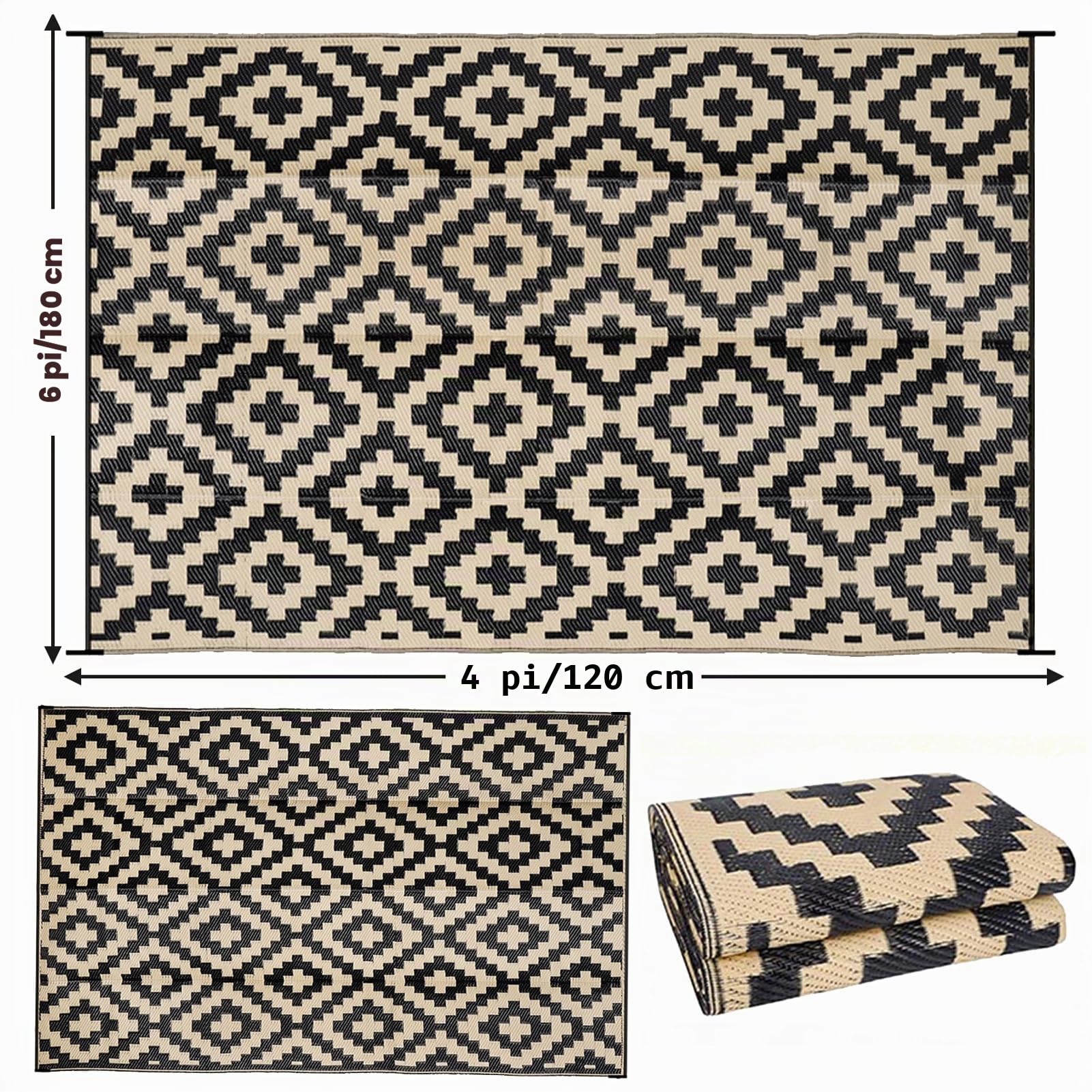 Tapis D'extérieur en Plastique Recyclé Tapis De Pique-Nique Imperméable 120X180cm Tapis Polypropylene Exterieur Portable pour Balcon, Terrasse, Jardin, Plage, Pique-Nique,Noir+Beige