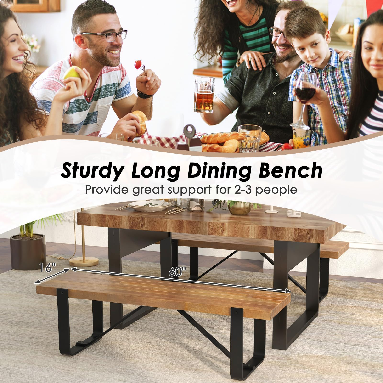 GIANTEX 60" Dining Bench for 30-Person, Long Entryway Bench Seat with Metal Frame, 660 Lbs Capacity, Farmhouse End of Bed Bench for Living Room, Bedroom, Dining Room, Brown