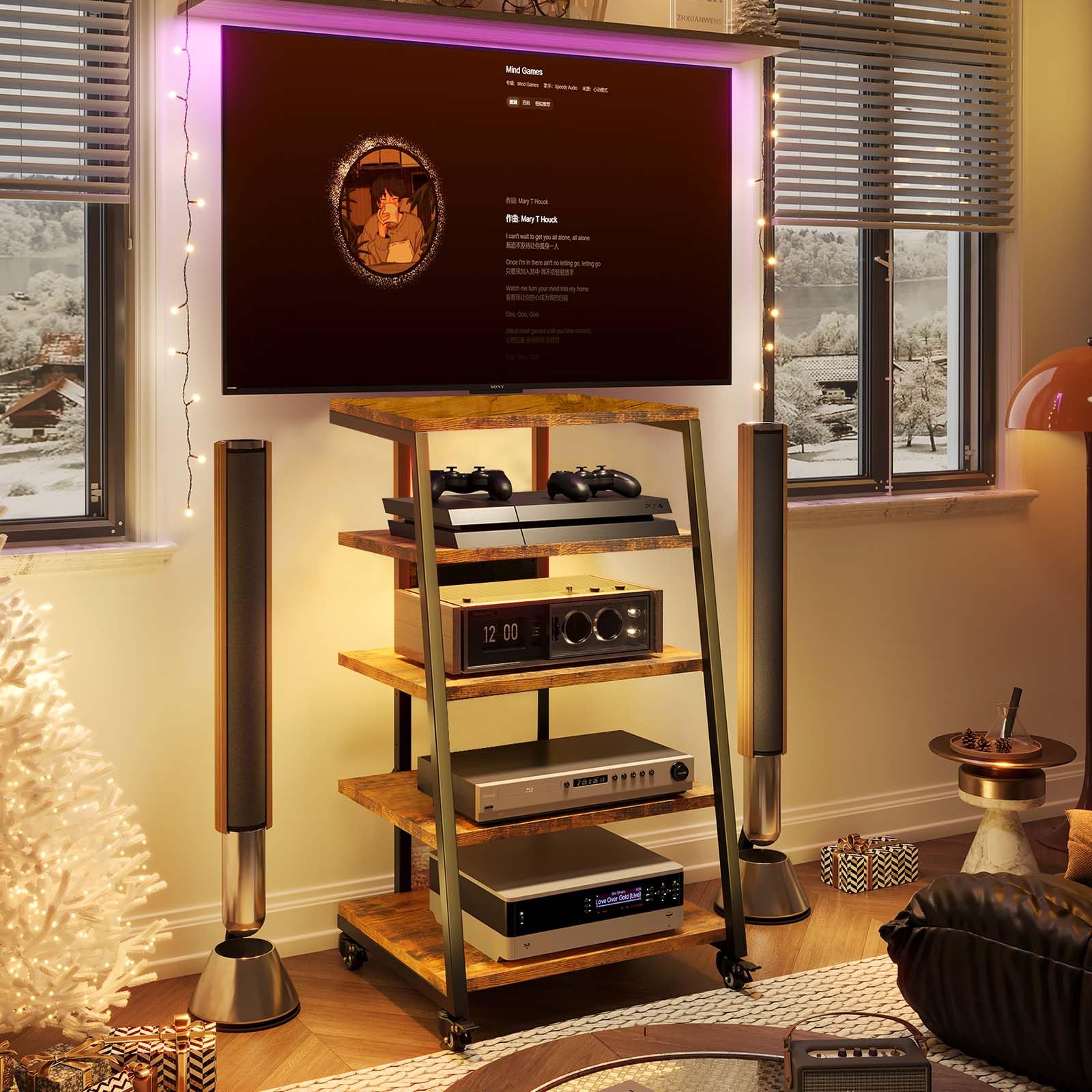 Rack HiFi 5 niveaux, platine vinyle, lumières LED, étagère réglable, bois, 60 x 52 x 110 cm