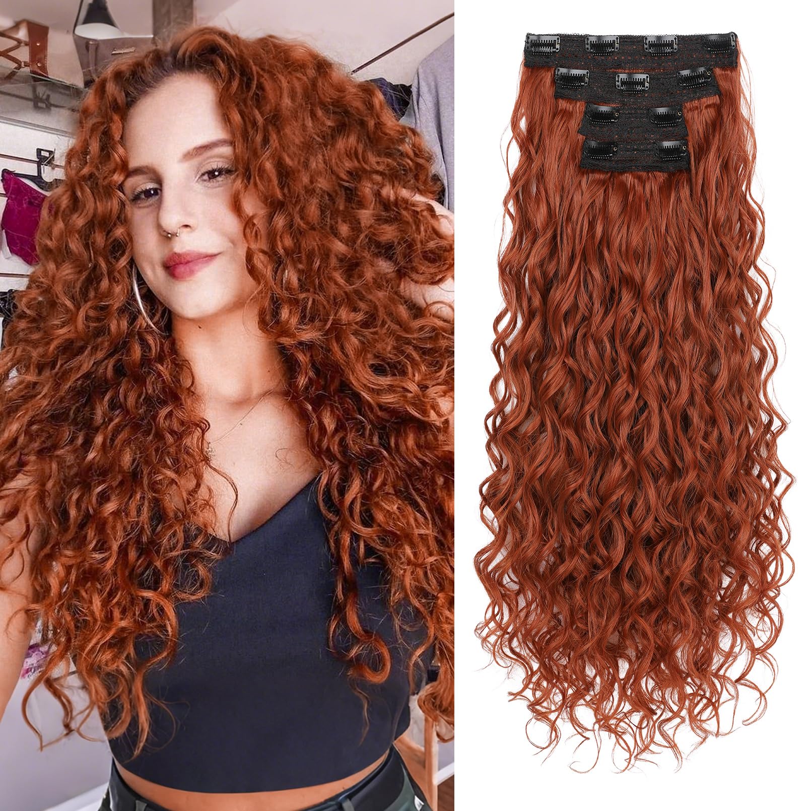 Photo 1 of REECHO Curly Clip in Hair Extensions, 4PCS 24 inch Long Hair Extensions Clip ins Lace Weft Natural Hairpieces for Women Daily, Copper Red