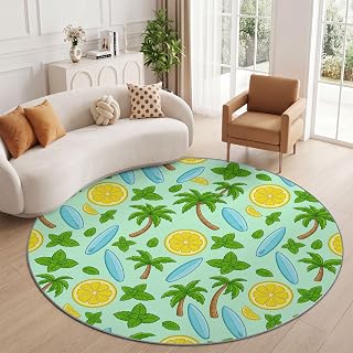Tropisk kustlig matta vardagsrum tvättbar 160 cm | Grön kort lugg halkfria mattor palm citron surfbräda myntblad mjuk matta för sovrum, barnrum, kök