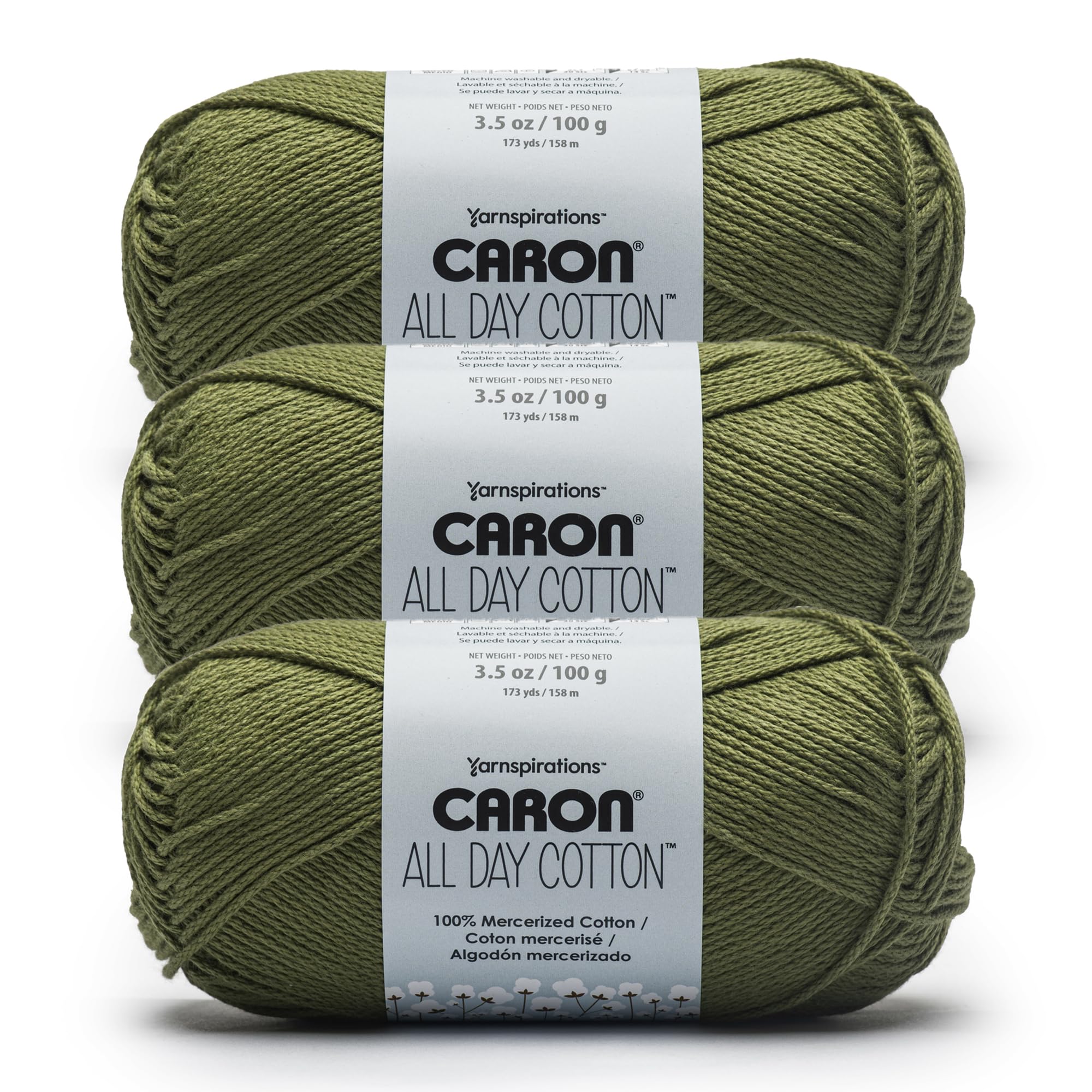 Caron All Day Cotton - 3 Pack of 173 Yards/3.52 oz Moss 100% Mercerized Cotton Yarn